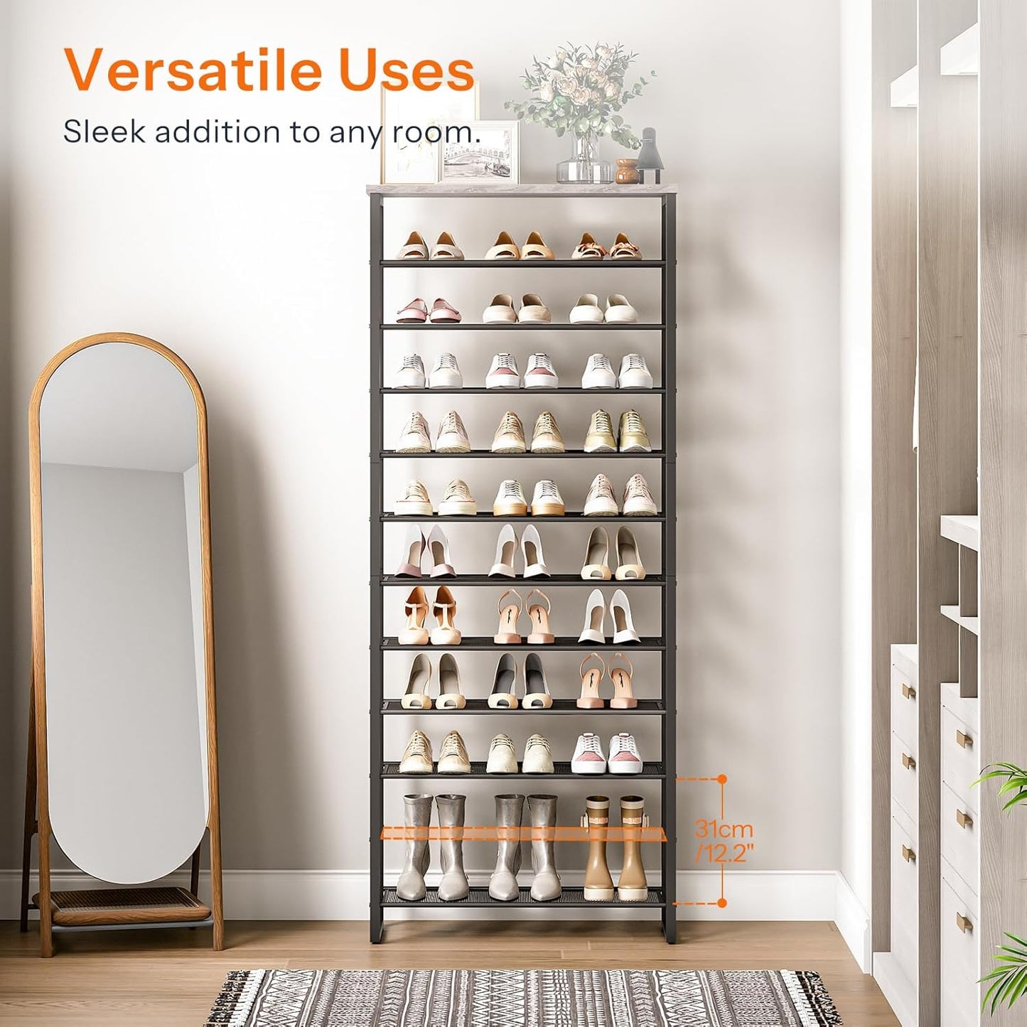 HOOBRO Shoe Rack, 12-Tier Shoe Storage Organizer, Large Capacity Shoe Shelf for Front Door Entrance, Entryway, Closet, Holds 36-48 Pairs of Shoes, Closet, Greige and Black BG127XJ01