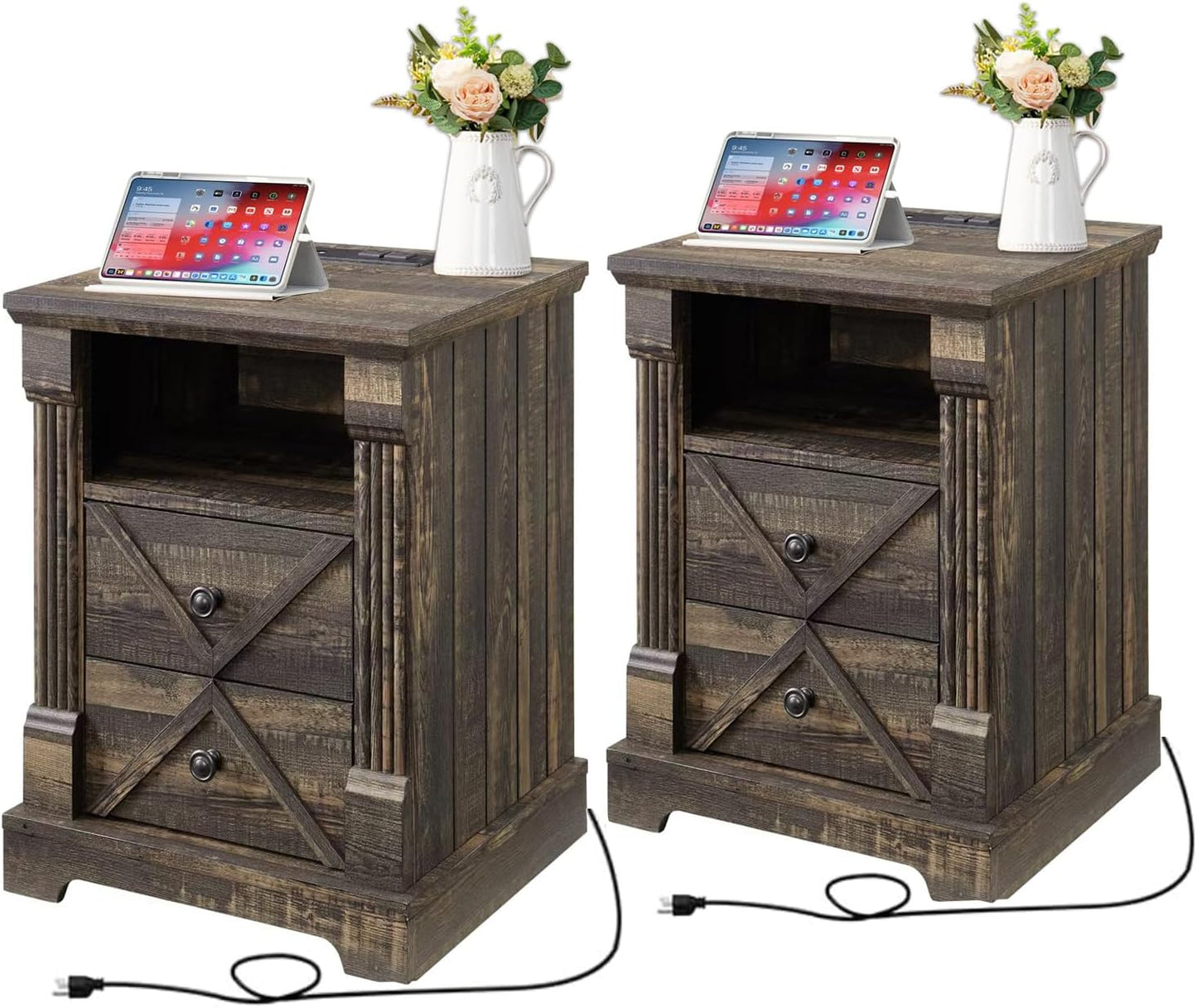 Farmhouse White Night Stand Set of 2, 18" Nightstand with Charging Station, Wood Rustic End Table, Roman Column Design, Modern Design Bedside Cabinet for Bedroom,Home, Dark Rustic Oak