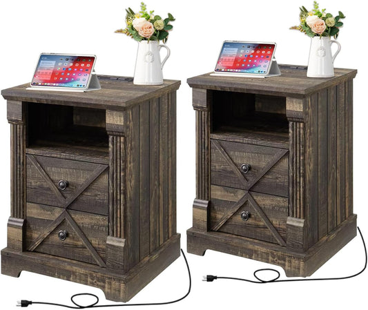 Farmhouse White Night Stand Set of 2, 18" Nightstand with Charging Station, Wood Rustic End Table, Roman Column Design, Modern Design Bedside Cabinet for Bedroom,Home, Dark Rustic Oak