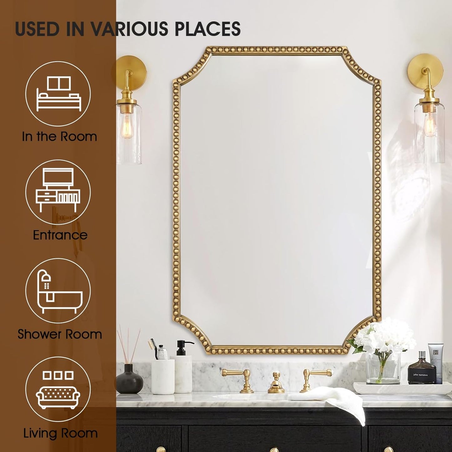 30"x40" Mirror for Wall, Full Scalloped Corners Rectangle Decorative Mirror, Metal Beaded Frame Accent Wall Decor for Bathroom, Entryway, Mantel, Antique Gold