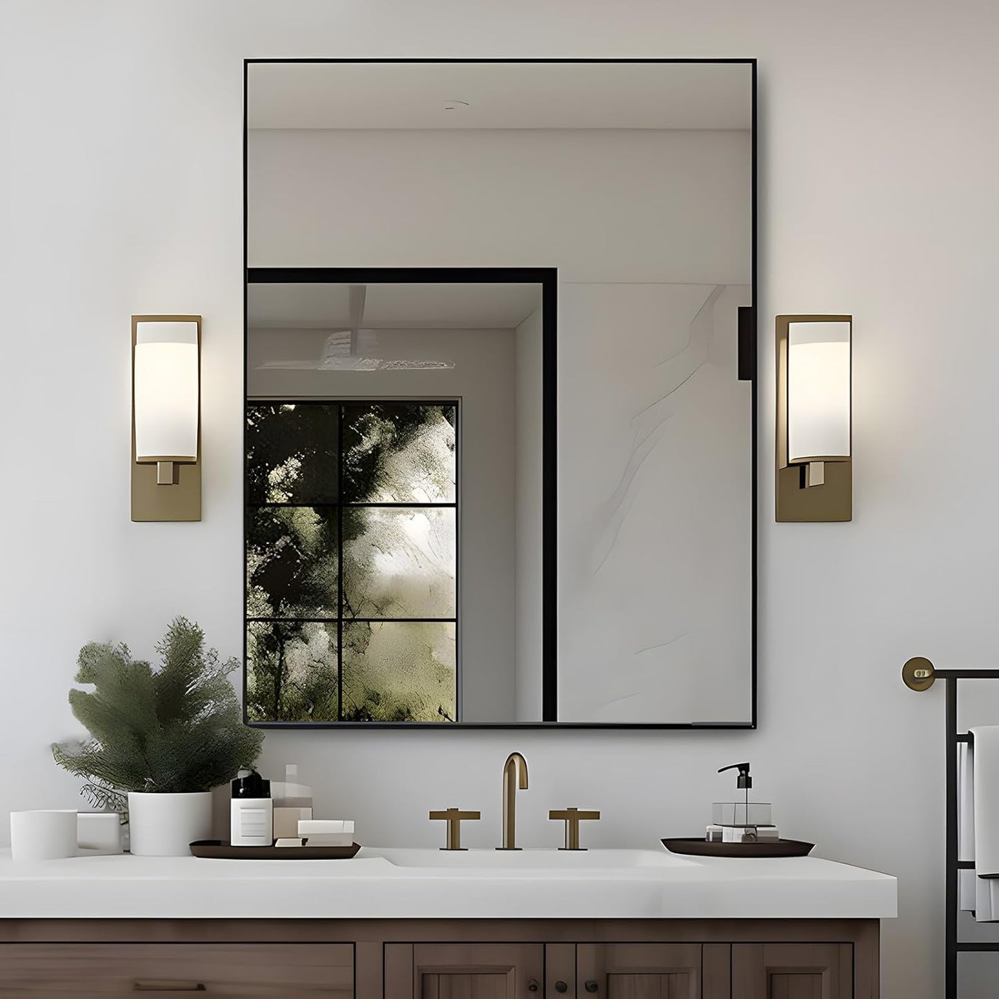 Bathroom Mirror 26"x38" Wall Rectangle Mirror Black Vanity Square Frosted Metal Frame Anti-Rust Tempered Glass Hangs Mirror for Bathroom Bedroom Entryway Living Room Decorative