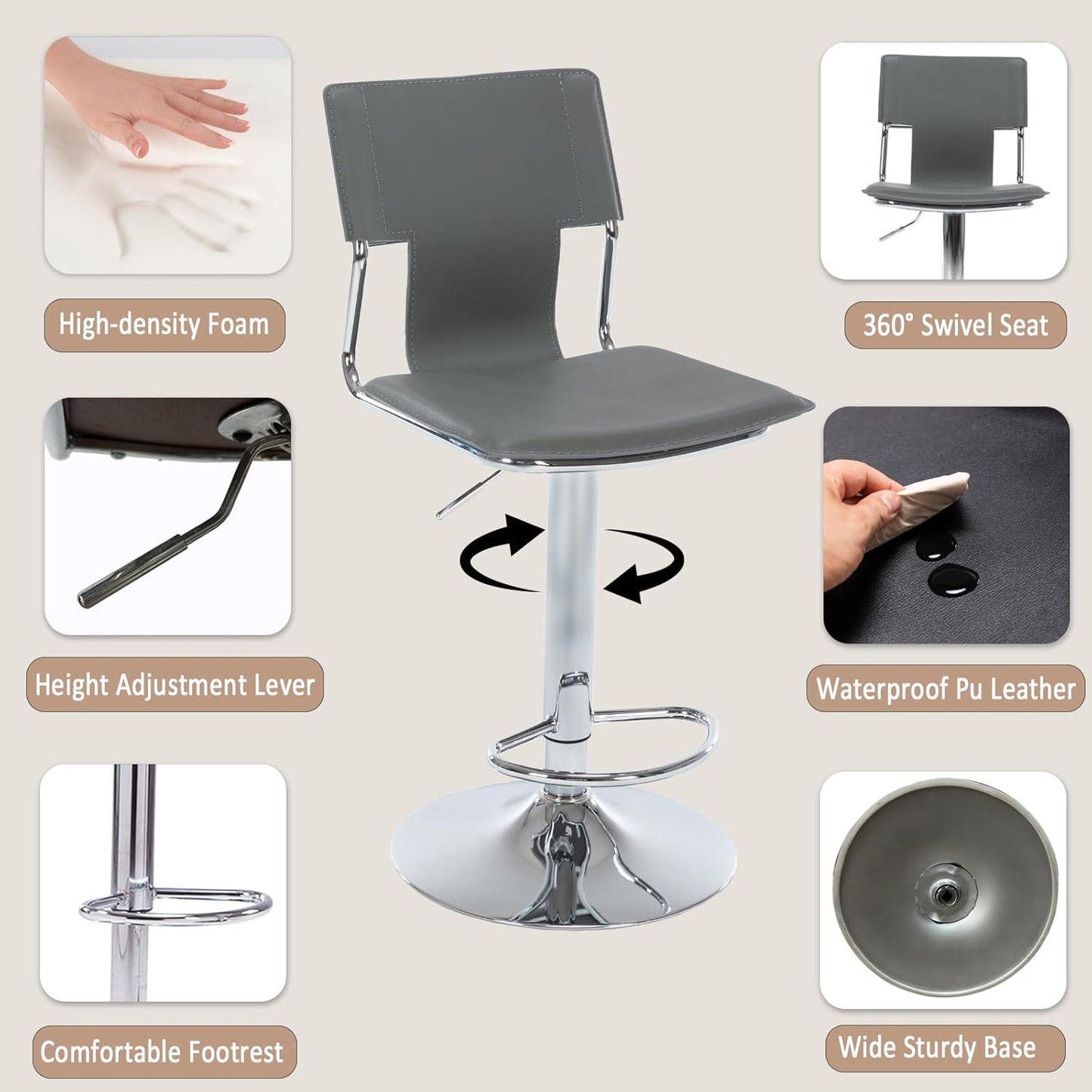 Sidanli Grey Bar Height Chairs, Swivel Barstools with High Backrest, Bar Stools Set of 2 for Kitchen Counter, Coffee Bar, Breakfast Countertop