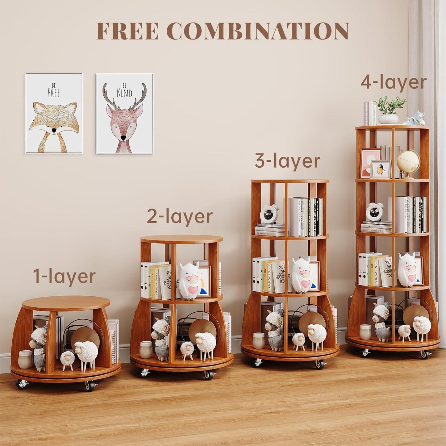 4 Tier Rotating Bookshelf with Brake Wheels, 360° Spinning Bookcase, Vertical Floor Standing Revolving Bookshelf Organizer for Small Spaces, Corner, Living Room, Bedroom, Rustic Brown