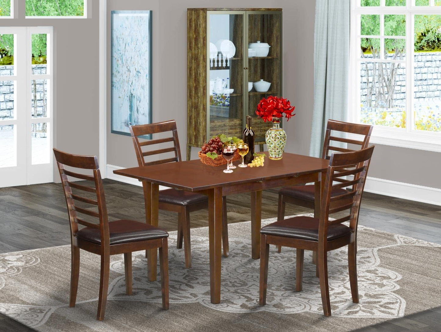 East West Furniture NOML5-MAH-LC 5 Piece Dinette Set for 4 Includes a Rectangle Dining Room Table with Butterfly Leaf and 4 Faux Leather Kitchen Dining Chairs, 32x54 Inch, Mahogany