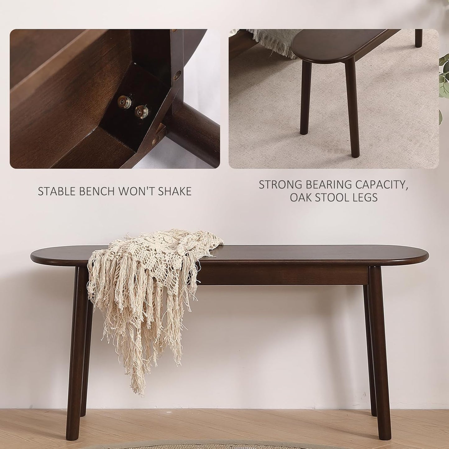 Walnut Solid Wood Bench, 39.4" L – Narrow Mid-Century Wooden Benches for Entryway, Kitchen, Dining, Bedroom & Shoe Storage