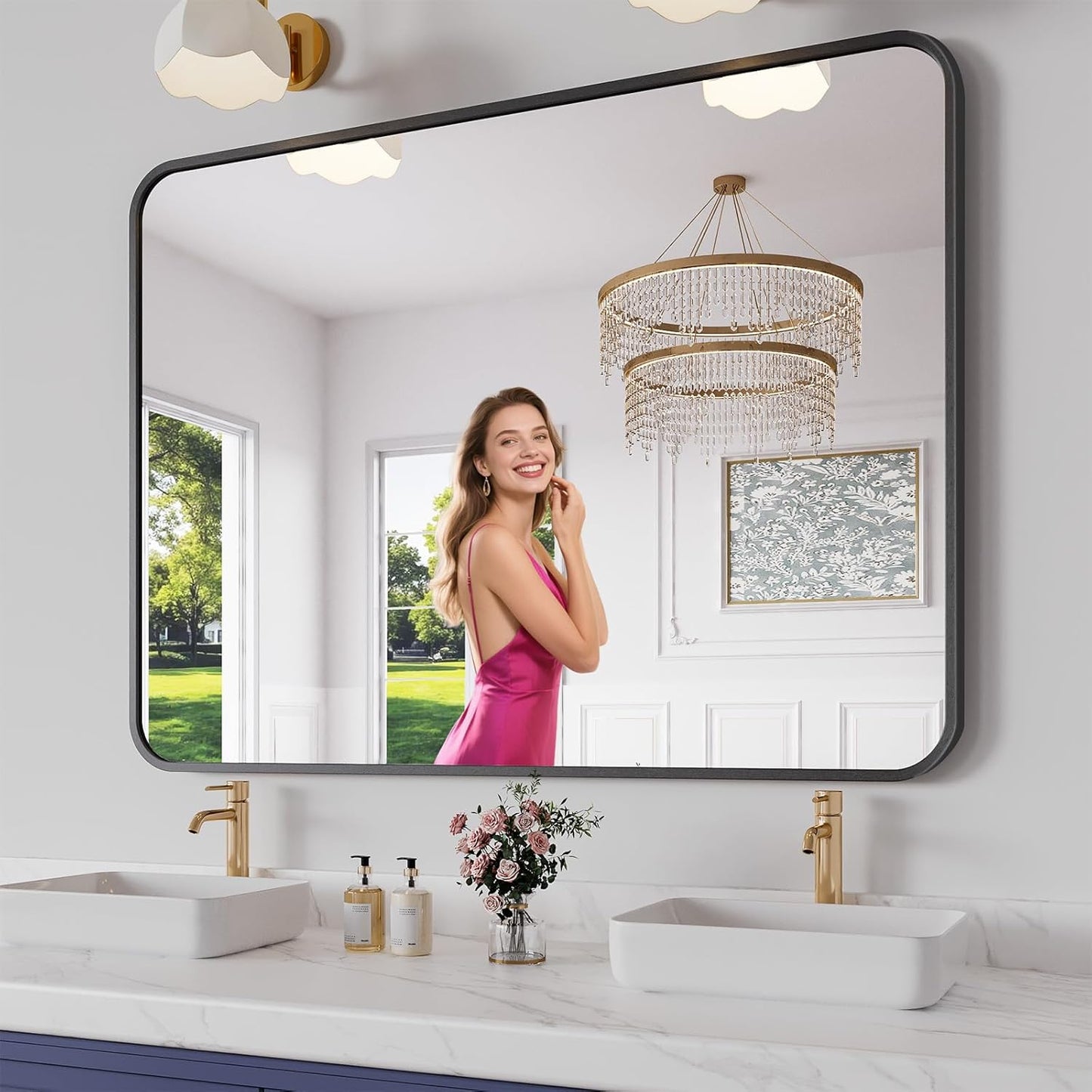 Koonmi Metal Framed Bathroom Mirror, 36"X48" Anti-Rust Bathroom Vanity Mirror, High-Definition Tempered Glass Bathroom Mirrors for Over Sink, Modern Decorative Wall Mirror for Restroom