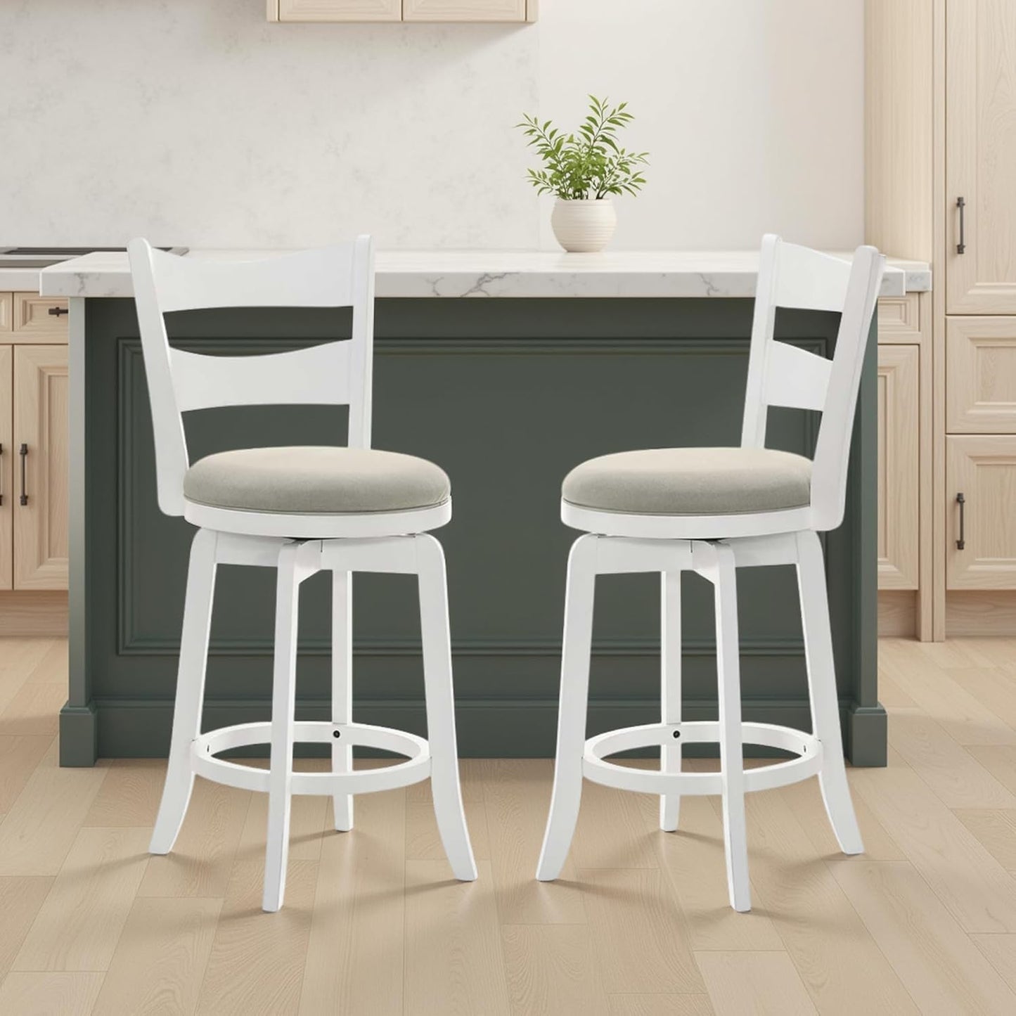 Armen Living Blair 26 in. Matte White Counter Height Rubberwood Swivel Barstool with Fog Fabric Seat - Set of 2