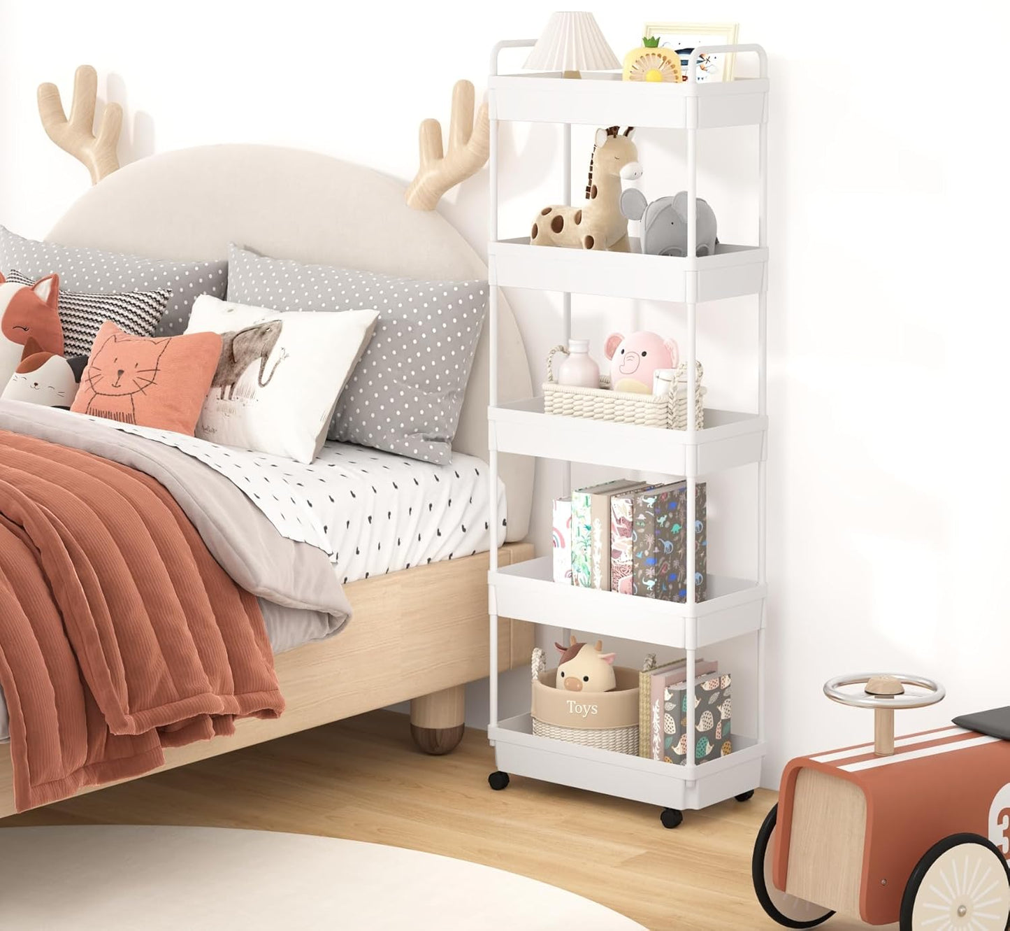 5-Tier Storage Cart，Shelf Organizer Mobile Shelving ，Utility Rolling Cart，Multifunction Movable Storage Organizer with Lockable Wheels,White