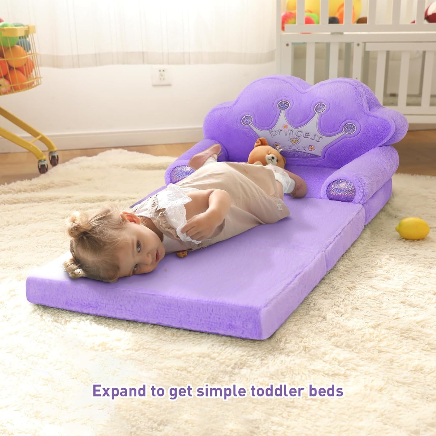 MOONBEEKI Toddler Chair Comfy，Foldable Princess Couch for Girl, Toddler Recliners for Kids Over 18 Months, Kids Sofa Bed Fold Out(Purple)