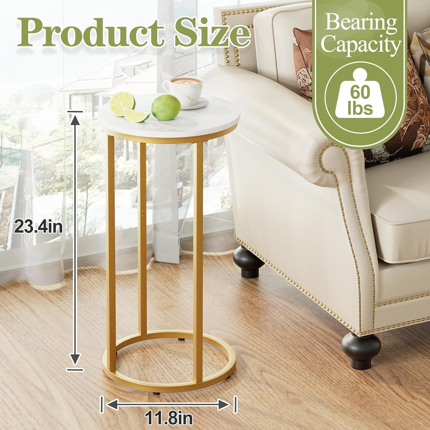 C Shaped End Table, Couch Side Tables for Living Room, Round Sofa End Table with Metal Frame, Small Wooden Snack Table for Bedroom, Small Spaces, Easy Assembly (Gold)