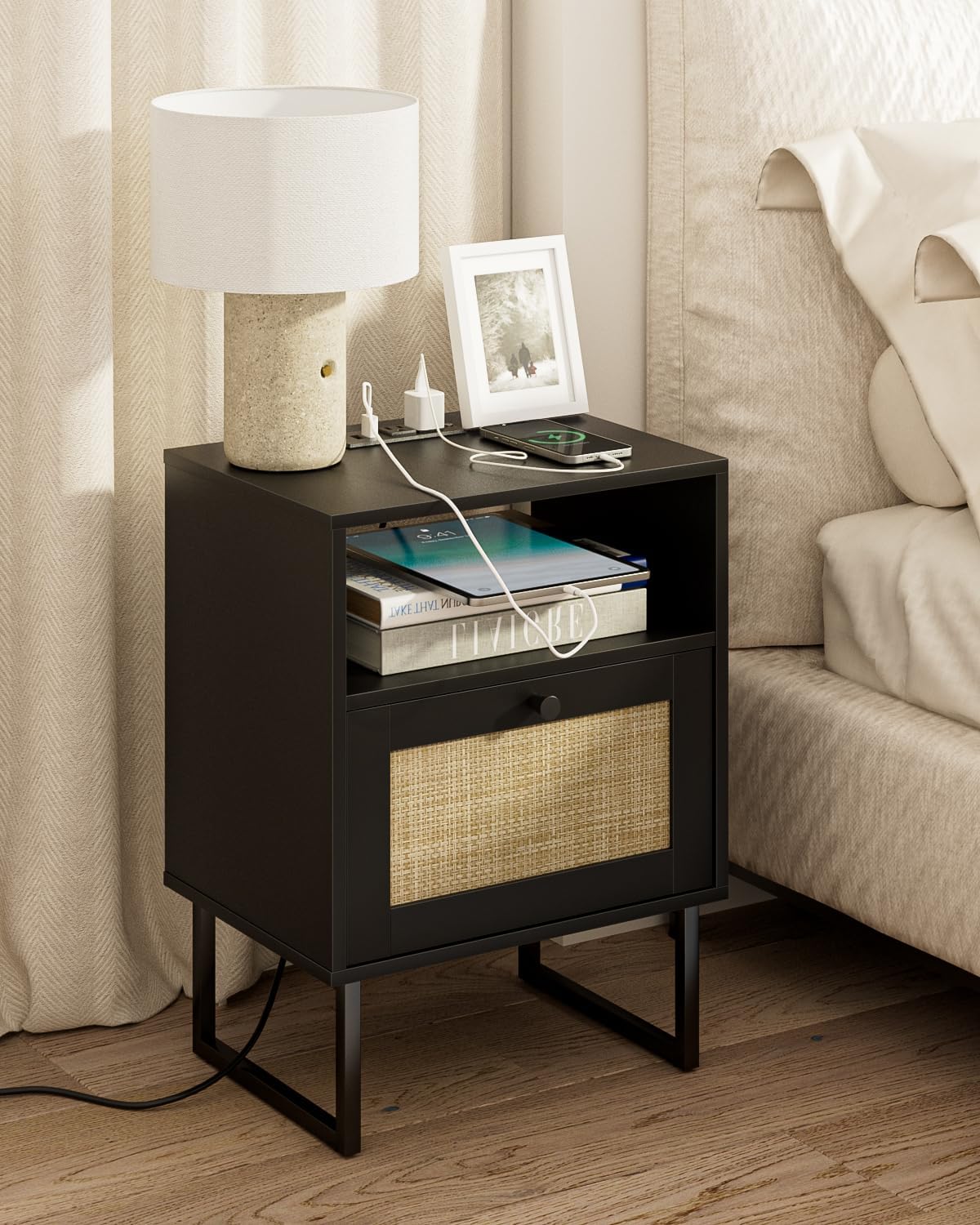 Masupu Rattan Nightstand with Charging Station,Modern Boho Farmhouse Wood Bedside Table with Storage Drawer and Open Shelf,Small Black Frame Side End Table for Bedroom,Living Room,Office (Black)