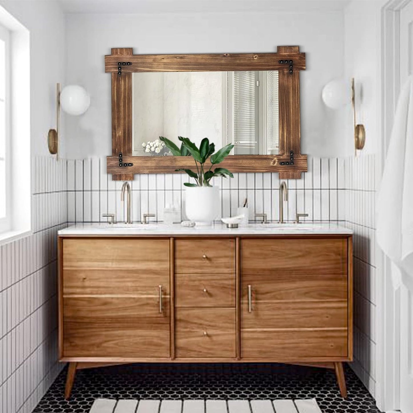 MeMoreCool Rustic Wood Mirror for Bathroom, Decorative Framed Farmhouse Vanity Mirror, Wall Mounted Rectangular Mirror for Bedroom or Living Room, Small 20x30 Inch