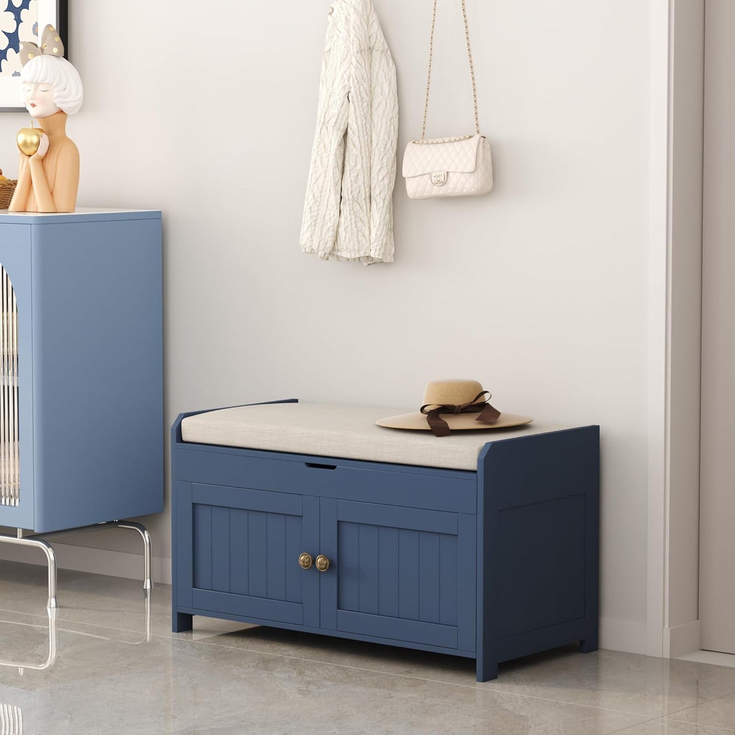 HOMEFORT 30" Shoe Bench with Lift Top Storage, Entryway Bench with Cushioned Seat, Wooden End of Bed Bench, Shoe Cabinet Bench with Hidden Storage Space, for Bedroom, Hallway, Blue