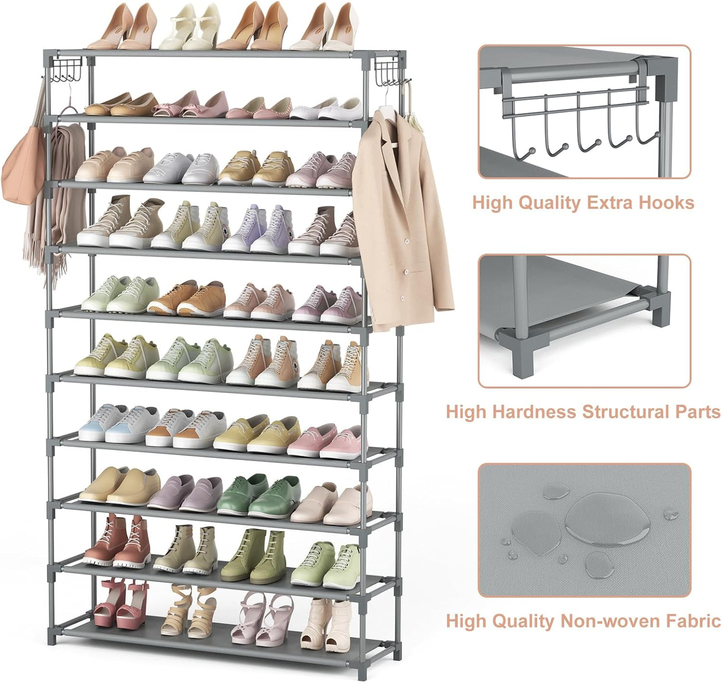 10 Tiers Shoe Rack 50 Pairs Large Capacity Tall Shoe Organizer Sturdy Shoe Storage with Two Hooks Space Saving Metal Wide Shoe Rack for Closet, Entryway, Bedroom, Grey