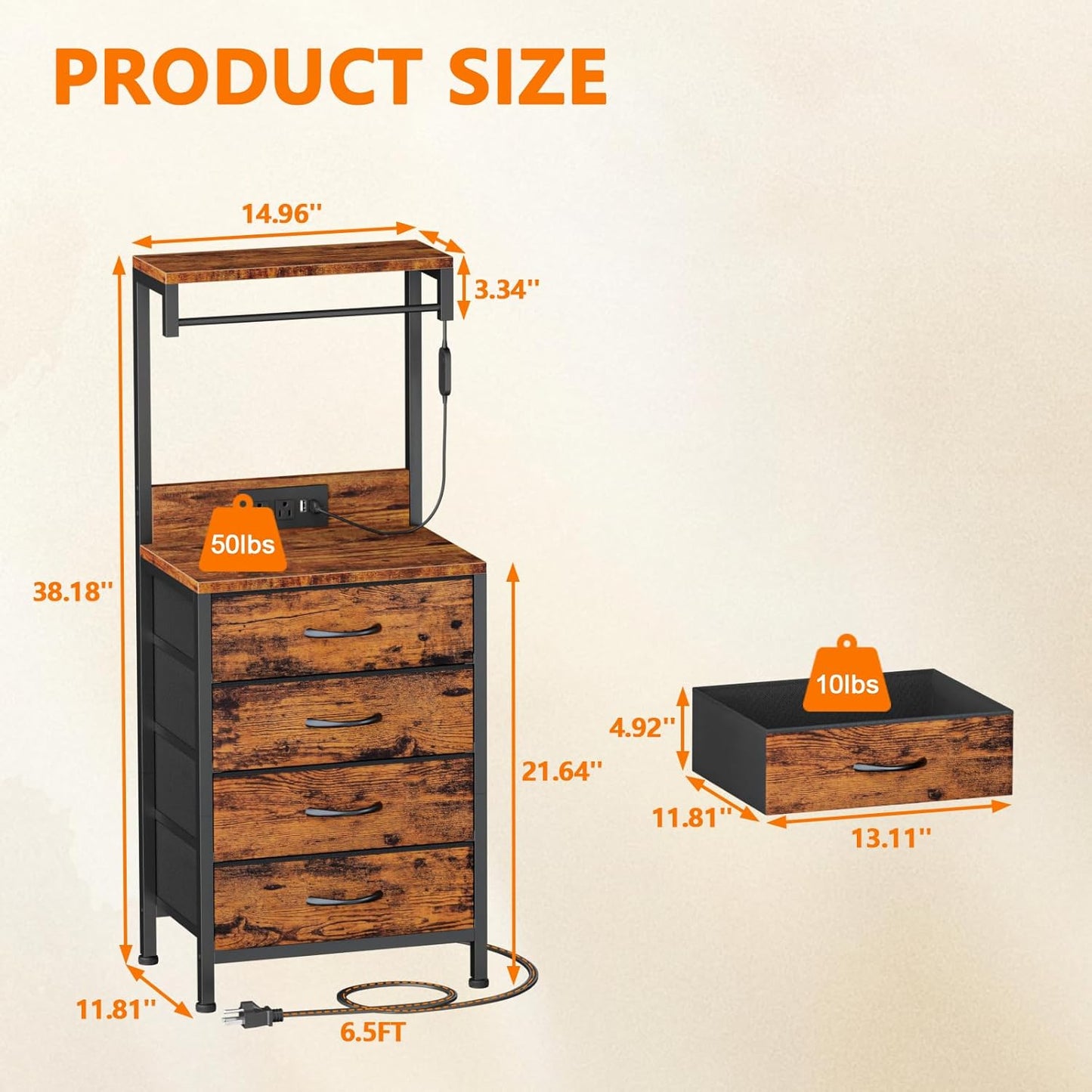 Furnulem Night Stand with Charger Station, 38'' Tall Nightstand with 4 Fabric Drawers and LED Lights, Bedside Table with Storage Shelf for Bedroom, Office, Metal Frame, Wood Shelves, Rustic Brown