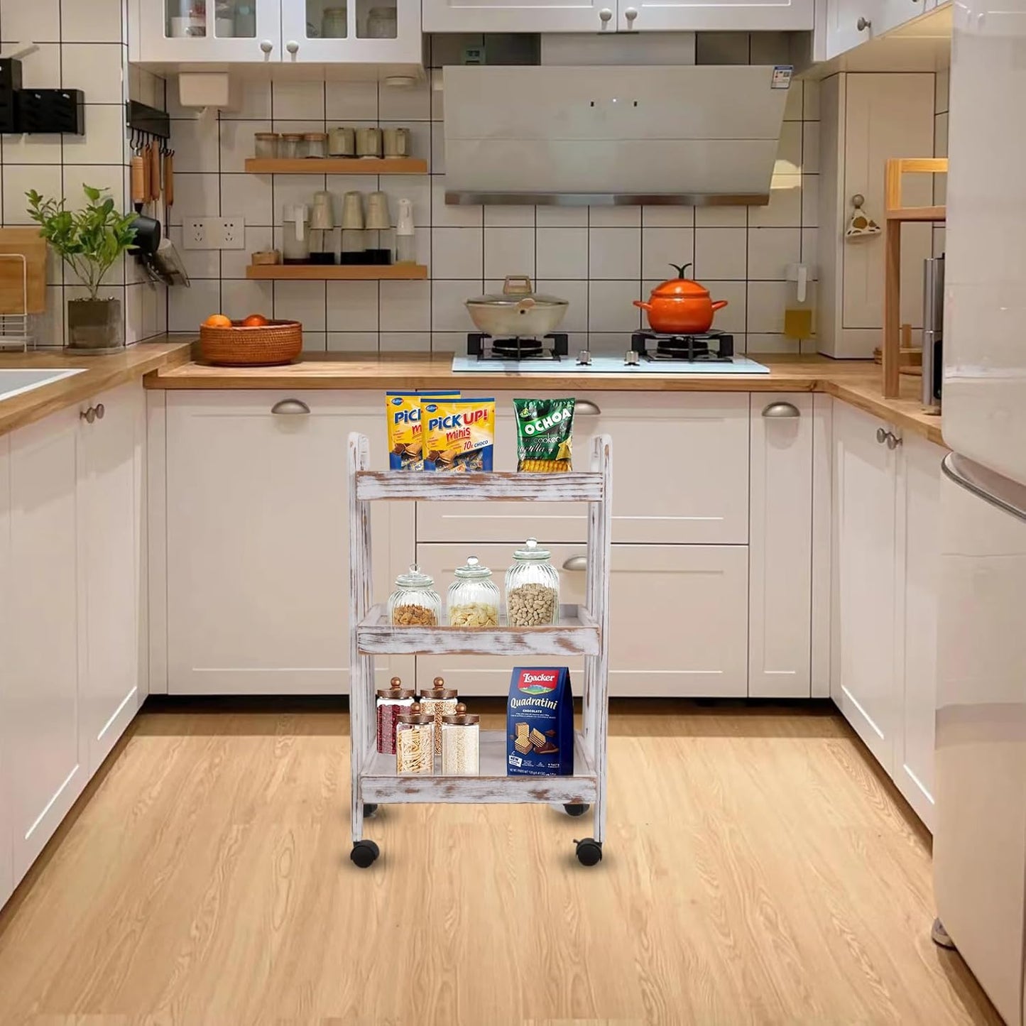 3-Tiers Ladder Shelf with Wheels, Wooden Rolling Cart,Solid Pine Wood Ladder Shelf, Side End Table for Living Room, Storage Cart Organizer for Kitchen,Studio,Classroom, Bathroom (Retro White)