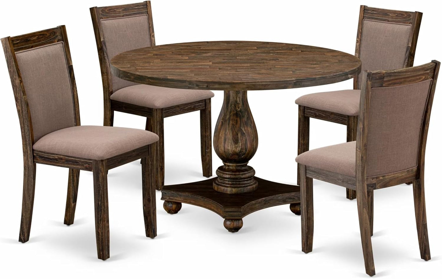 East West Furniture I2MZ5-748 5 Piece Kitchen Table Set for 4 Includes a Round Dining Room Table with Pedestal and 4 Coffee Linen Fabric Parsons Dining Chairs, 48x48 Inch, Distressed Jacobean