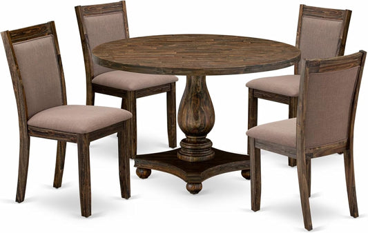 East West Furniture I2MZ5-748 5 Piece Kitchen Table Set for 4 Includes a Round Dining Room Table with Pedestal and 4 Coffee Linen Fabric Parsons Dining Chairs, 48x48 Inch, Distressed Jacobean