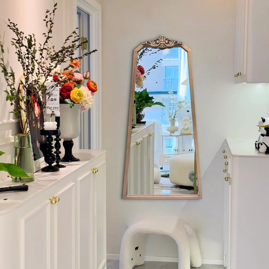 POZINO Brass Vintage Mirror,47.2"x 24" Arched Decorative Wall Mirror with Metal Frame, Ornate Gold Crown Molding, Traditional Antique Trapezoid Mirrors for Entryway Fireplace Living Room Bathroom