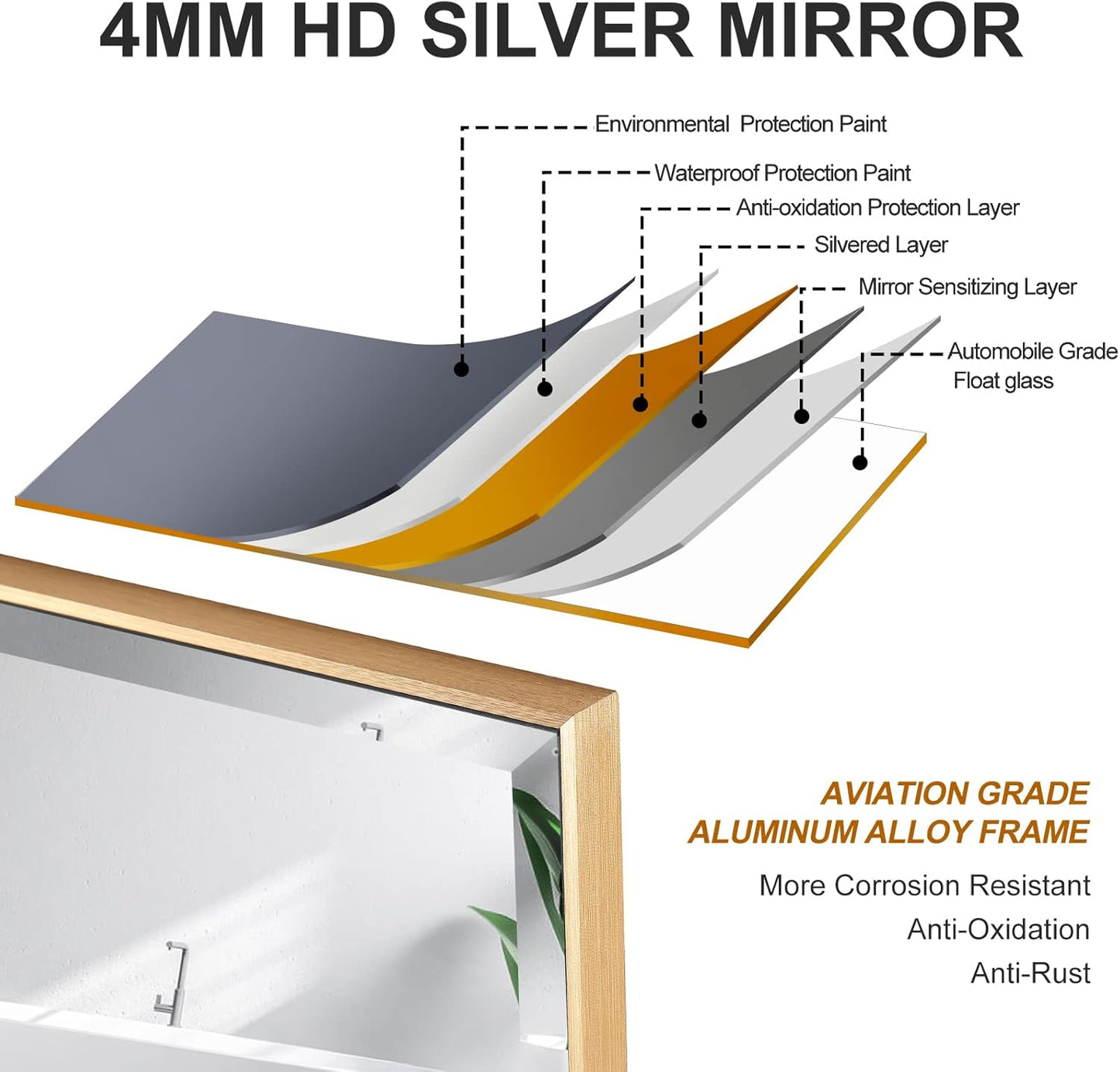 30x36 Inch Gold Mirror with Beveled Trim, Aluminum Frame Bathroom Vanity Mirror, Copper-Free Mirror, Rectangle Wall Mounted Mirror, Modern Rectangular Mirror Horizontal or Vertical
