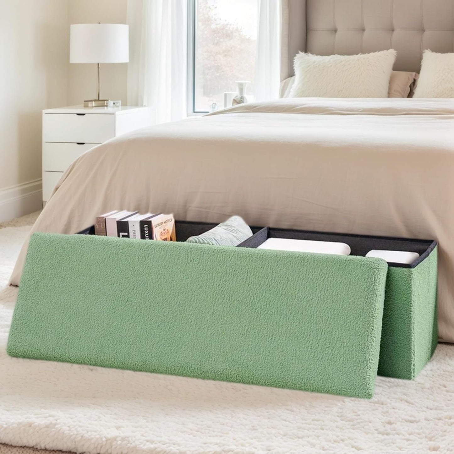 43 Inches Storage Ottoman Bench - Extra Large Foldable Ottoman with Storage, Bench for Living Room, Bedroom, Entryway - Green