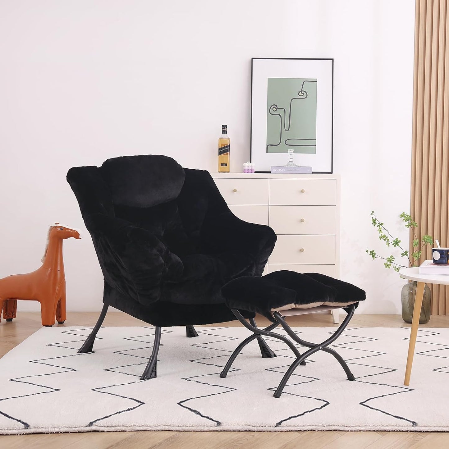 Lazy Chair with Ottoman, Modern Accent Chair Lounge Leisure Sofa Chair with Armrests, Reading Chair and Folding Footstool for Living Room, Bedroom, Office, Plush Black