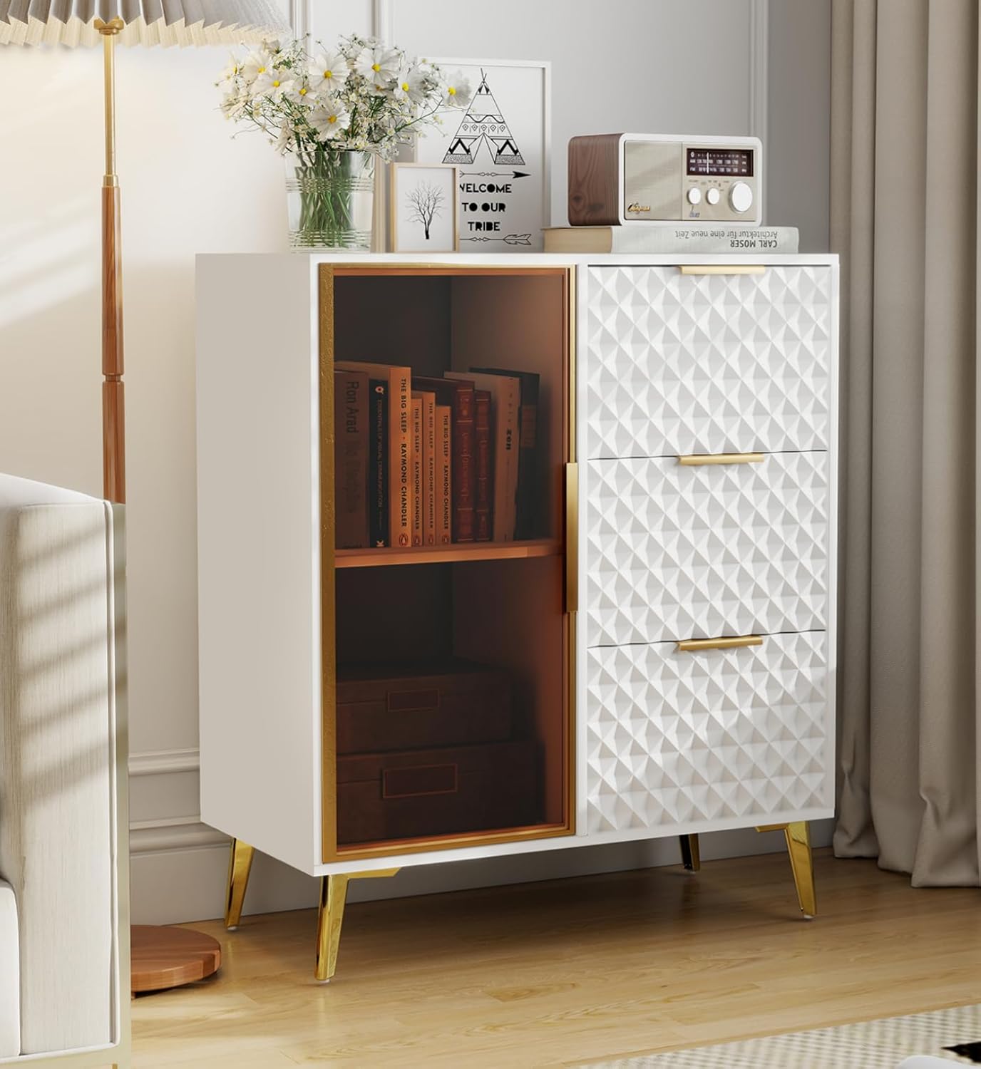 Rovibek Modern Sideboard Cabinet with Storage, Small Kitchen Buffet Cabinet with Glass Door & 3 Drawers, 31" Accent Sideboard Buffet for Kitchen, Living Room, White