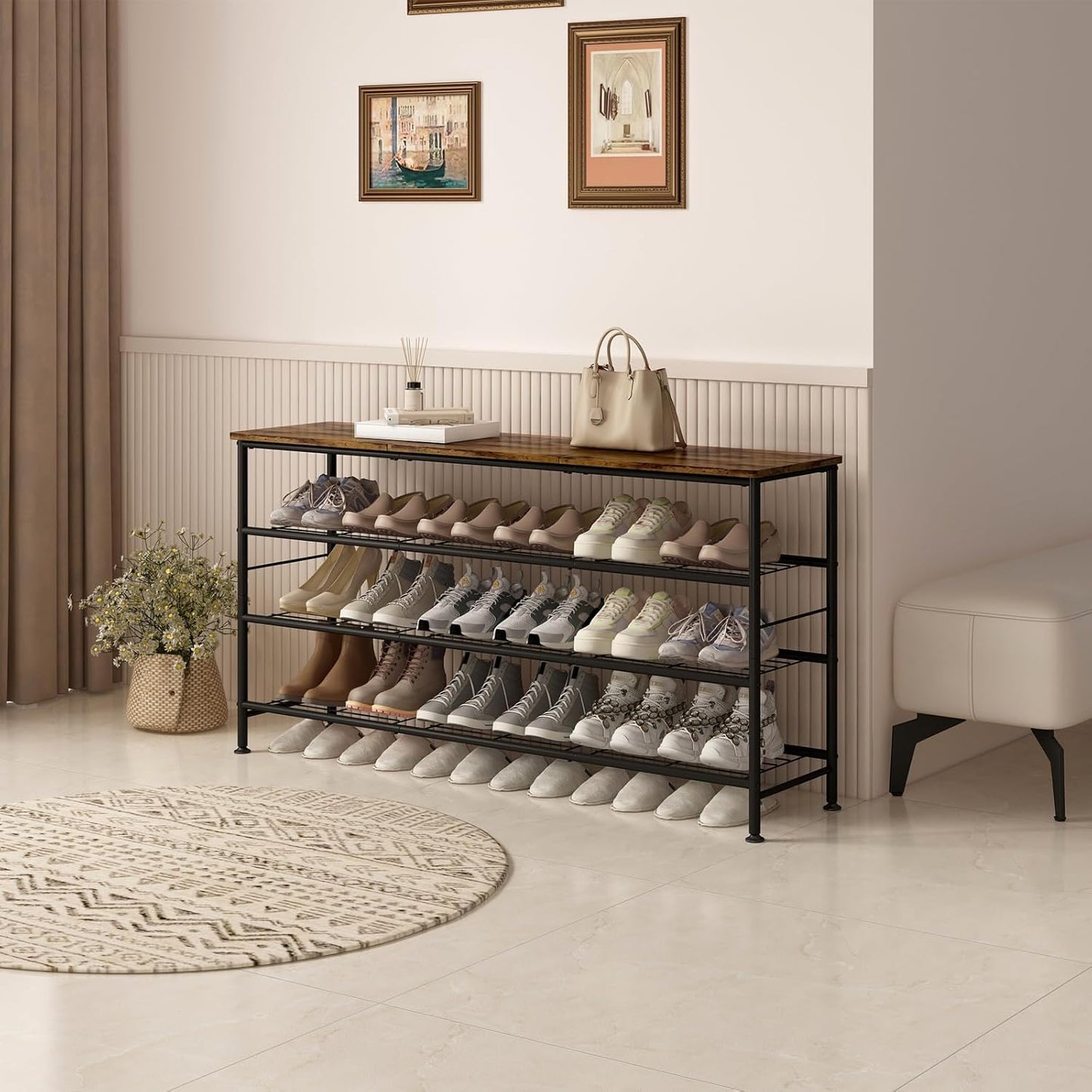 Shoe Rack Organizer 4 Tier for Closet Entryway Free Standing Metal Storage Shoe Shelf with MDF Top Board (Black+Rustic Brown, Large 4 Tier)