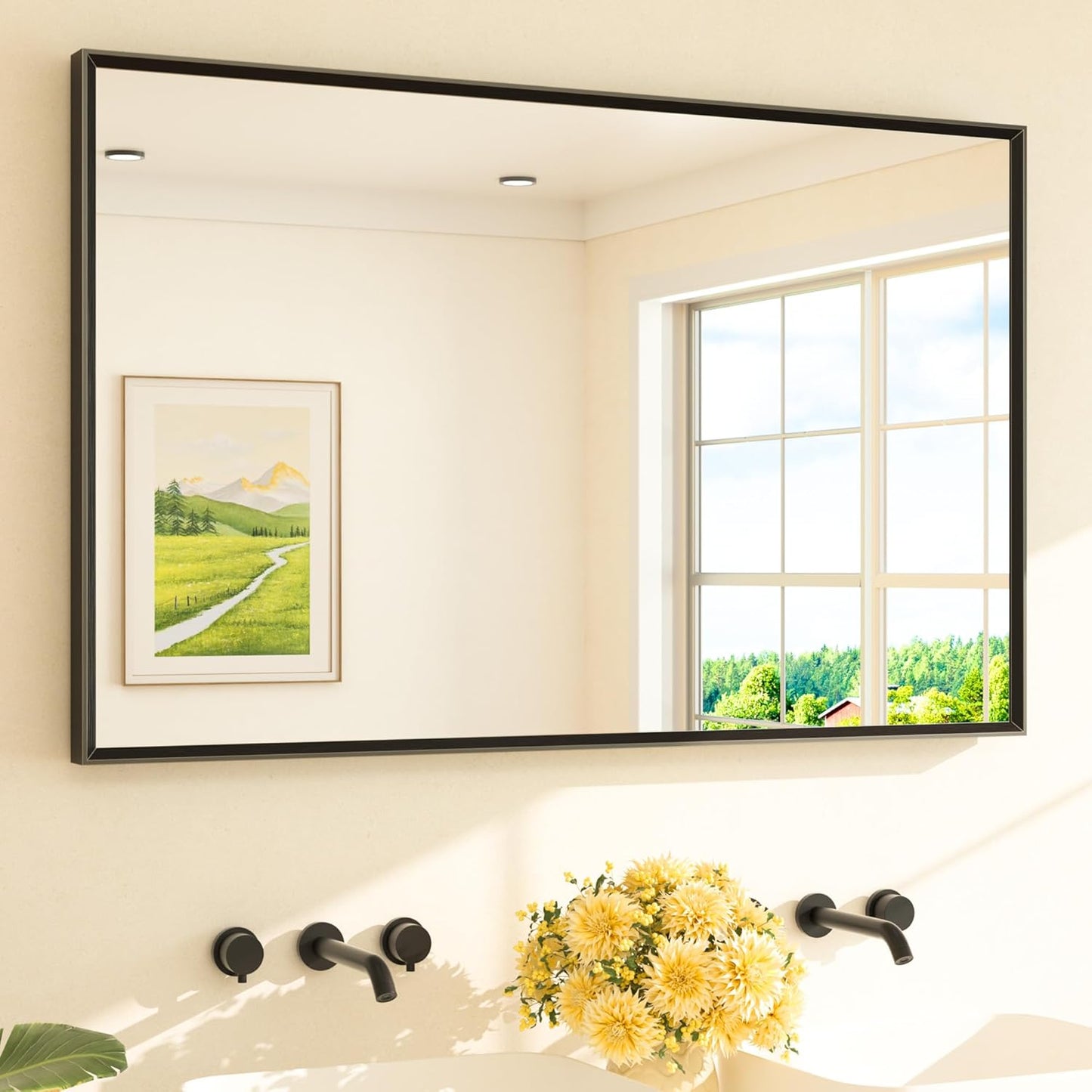 TETOTE Black Bathroom Vanity Mirror Beveled Frame 48" x 30" Black Rectangle Metal Framed Bathroom Wall Mirror for Over Sink, Tempered Glass, Modern Farmhouse Bedroom, Entryway, Living Room