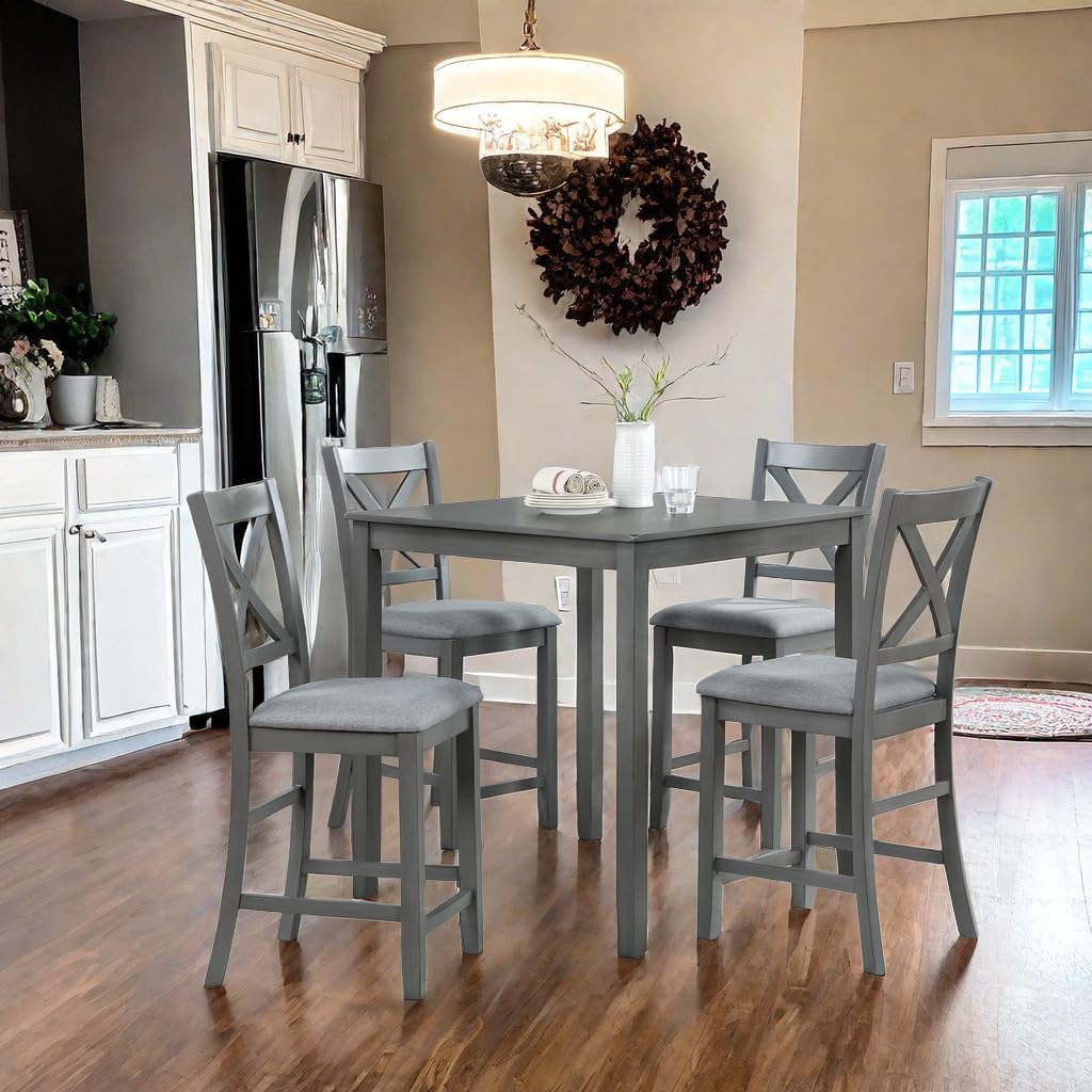 5PCS Dining Table Set, Counter Height Kitchen Table Set with Square Table and 4 Upholstered Chairs, Square Dining Table Set for 4, Gray