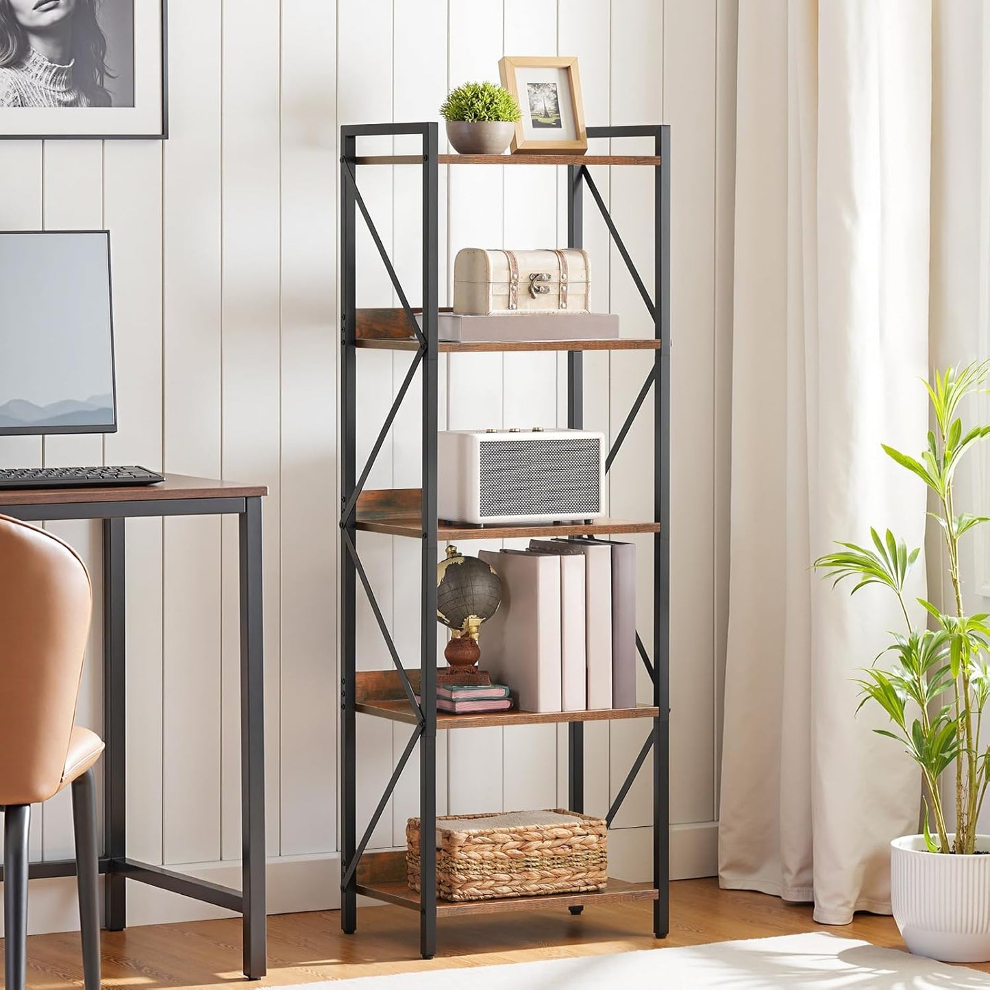 HOOBRO Bookshelf, 5-Tier Industrial Bookcase, Book Shelf Storage Organizer, Tall Bookshelf with Metal Frame for Living Room, Bedroom, Home Office, Kitchen, Rustic Brown and Black BF73SJ01