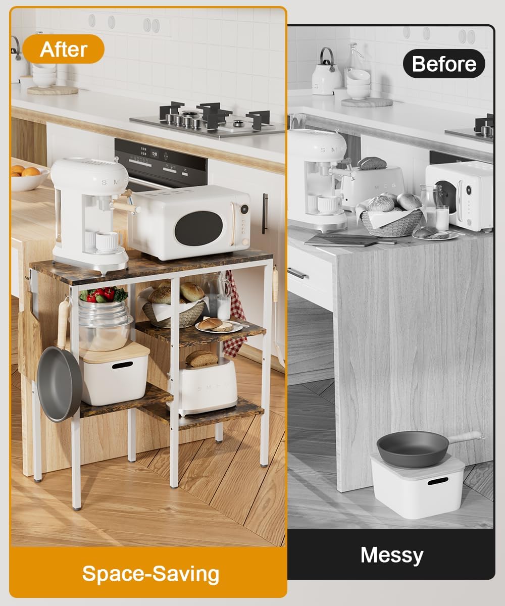 Artibear 4-Tier Kitchen Microwave Oven Stand, Adjustable Coffee Bar Station for Small Appliance, Baker's Rack with 4 Hooks & 5 Storage Shelves, Utility Rack for Kitchen, Living Room, Office, White