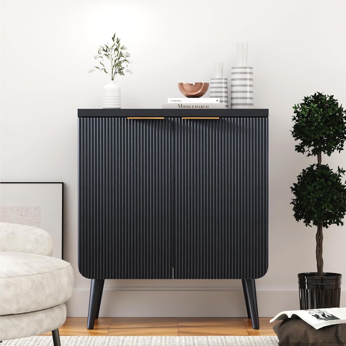 Fluted Buffet Cabinet – Modern Wood Sideboard with 2-Doors & Shelves, Multifunctional Storage Cabinet & Credenzas for Entryway, Dining & Living Room, Black