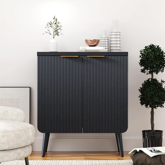 Fluted Buffet Cabinet – Modern Wood Sideboard with 2-Doors & Shelves, Multifunctional Storage Cabinet & Credenzas for Entryway, Dining & Living Room, Black