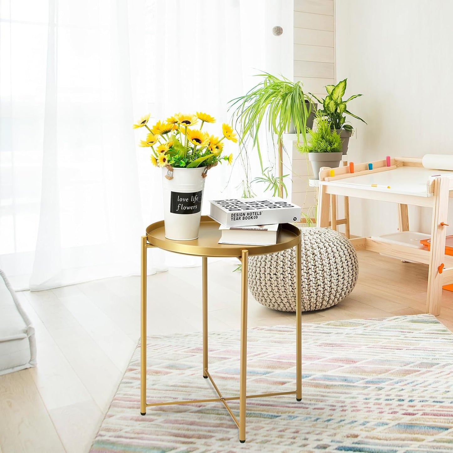 danpinera Gold Side Table 2 Pack, End Table for Small Spaces Outdoor Accent Table Round Metal Patio Coffee Table Waterproof Removable Tray for Living Room Bedroom Balcony Office