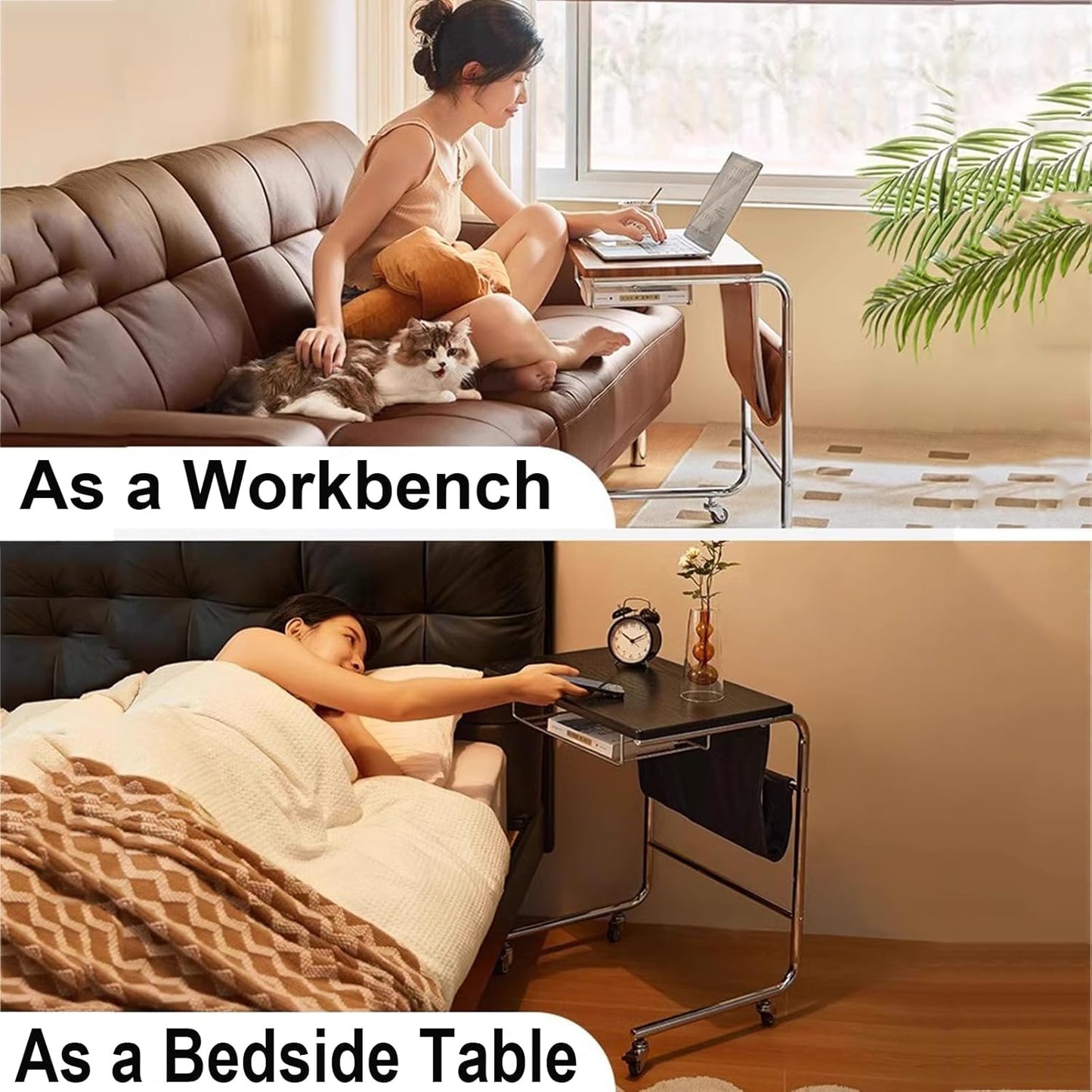 C-Shaped End Table, Sofa Side Table with Rotating Wheels, Rolling End Table with Storage, Small Couch Side Table for Bedroom, Swivel Tray Table for Living Room, Office