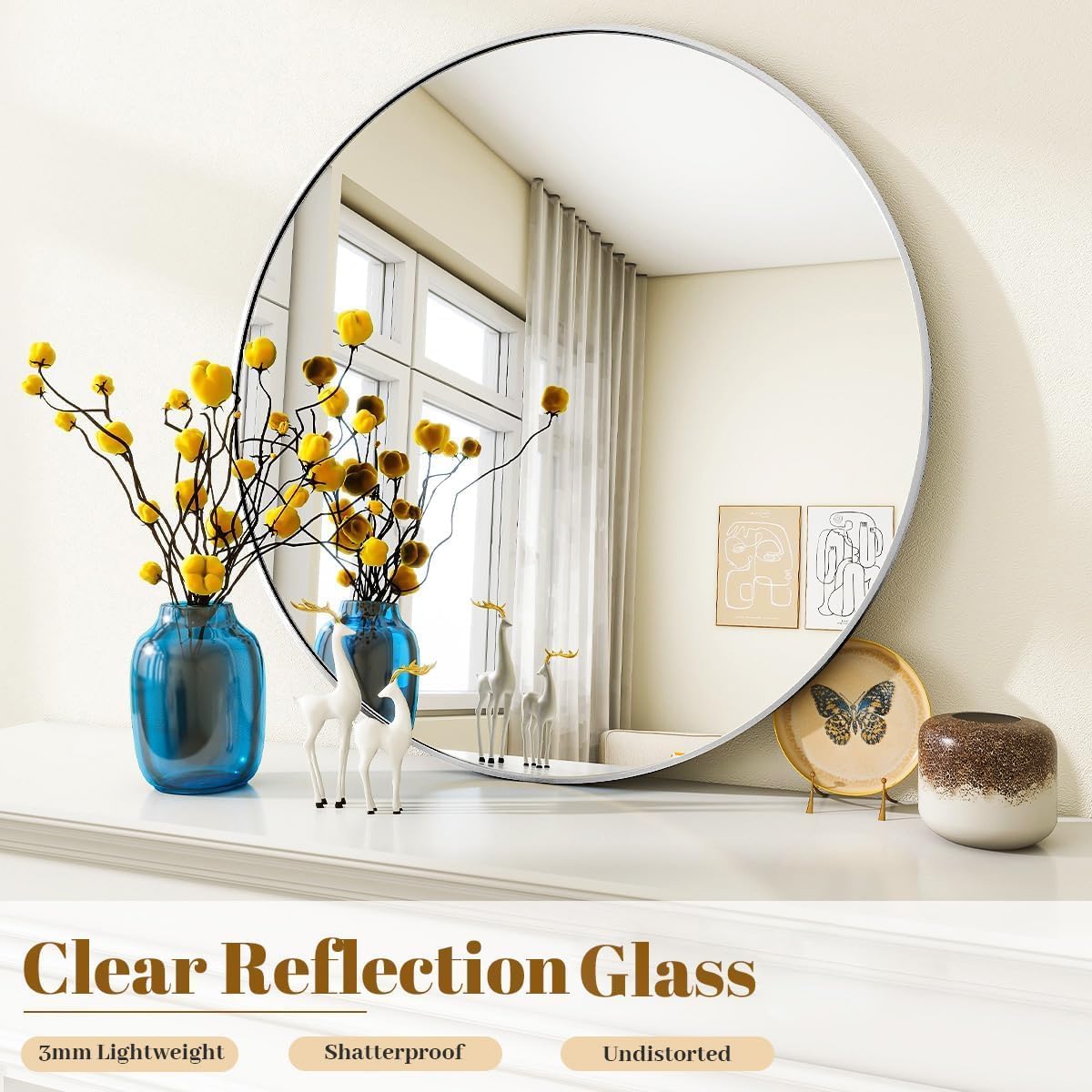 Black Round Bathroom Mirror, 42 inch Large Circle Wall Mounted Hanging Mirror with Simple Modern Circular Metal Frame for Hallway, Entryway, Living Room, Silver Frame