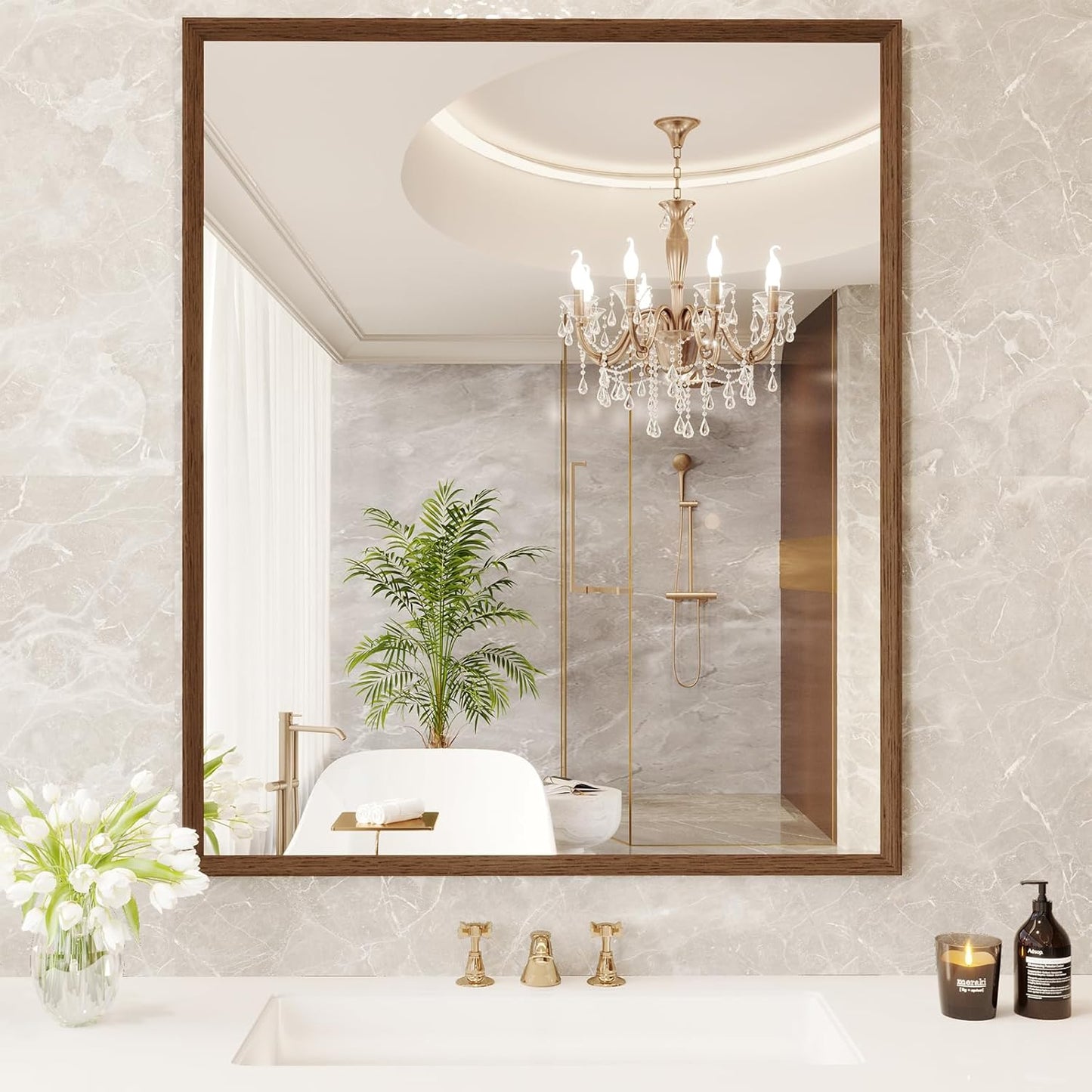 Rectangle Bathroom Mirror 30x36 Inch, Walnut Wood Grain Framed, Anti-Rust & 4mm Tempered Glass, Horizontal/Vertical Hanging Vanity Mirror for Bathroom & Bedroom