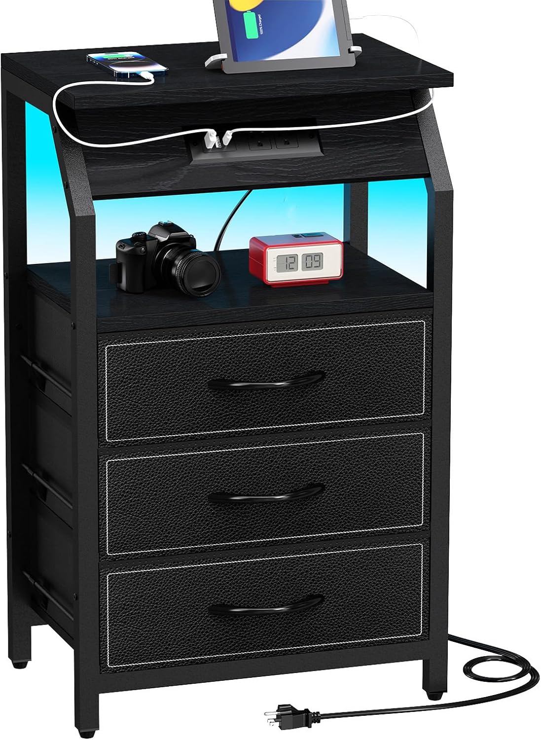 End Table with 3 Drawers, Nightstand with Charging Station and LED Lights, Small Fabric Dresser for Bedside, Storage Side Table for Living Room Dorm, Black