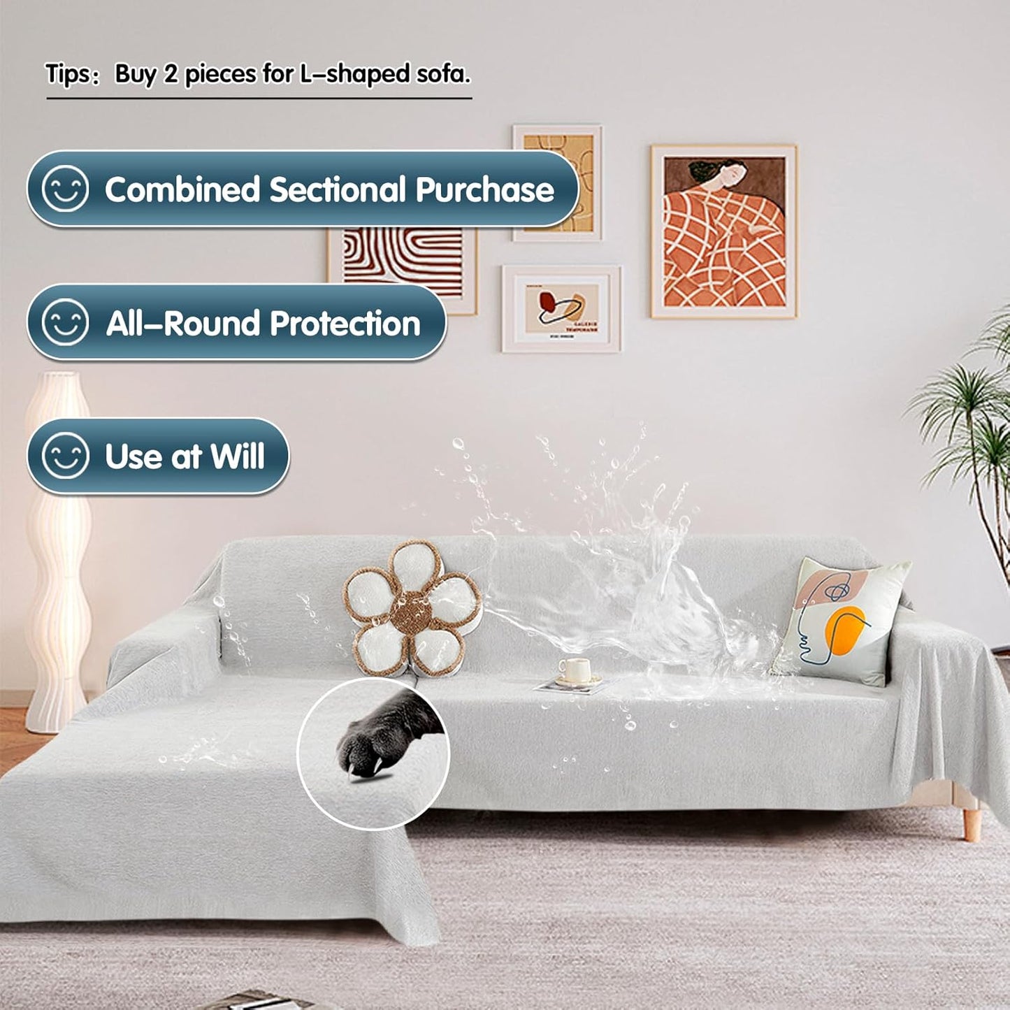 STACYPIK Waterproof White Couch Cover, Anti-Scratch Pet Protector for 2 Cushion Couch, Anti-Slip Sofa Couch Cover for Loveseat, Multi-use Sectional Cover for L-Shaped, Washable Sofa Slipcover-71X118IN