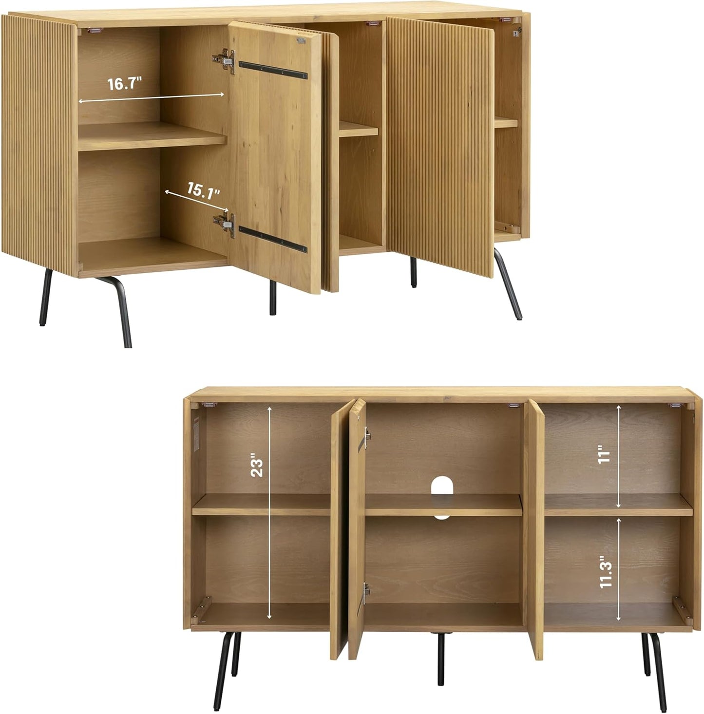 NTC Veil Modern Sideboard with 3 Doors, Buffet Cabinet with Vertical Groove Design and Metal Legs, Storage Cabinet for Living Room, and Hallway, Effortless Assembly, Sand