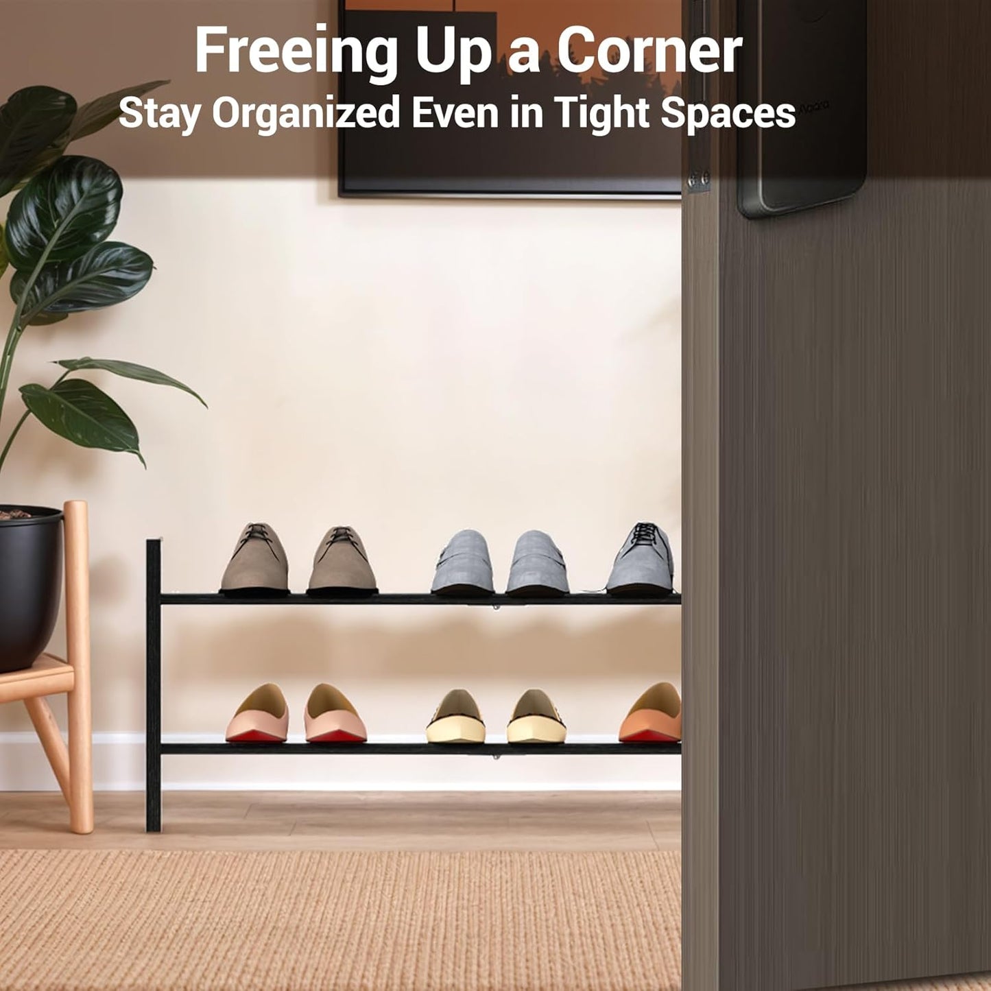 Haddockway Bamboo Shoe Rack for Closet, Free Standing Shoe Organizer with Smooth Round Rods & Convenient Handles, Stackable Shoe Storage Shelf for Entryway, Hallway(Black, 2-Tier)