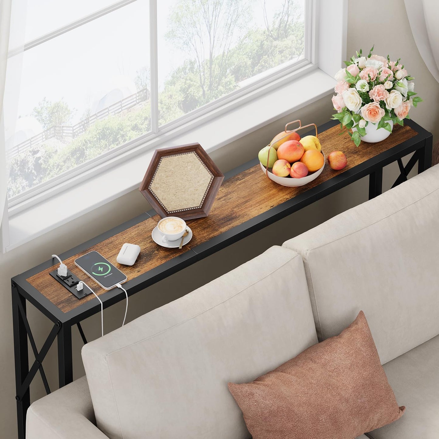 41.8" Console Table, Narrow Behind The Couch Table with Outlet, Industrial Skinny Stand for Hallway, Entryway, Living Room, Bedroom, 6.5 Feet Power Cord,Rustic Brown