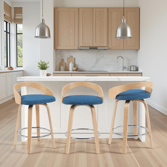Sonia Modern Swivel Counter Height Bar Stool with Blue Upholstered Seat and Patterned Oak Wood Finish Set of 2