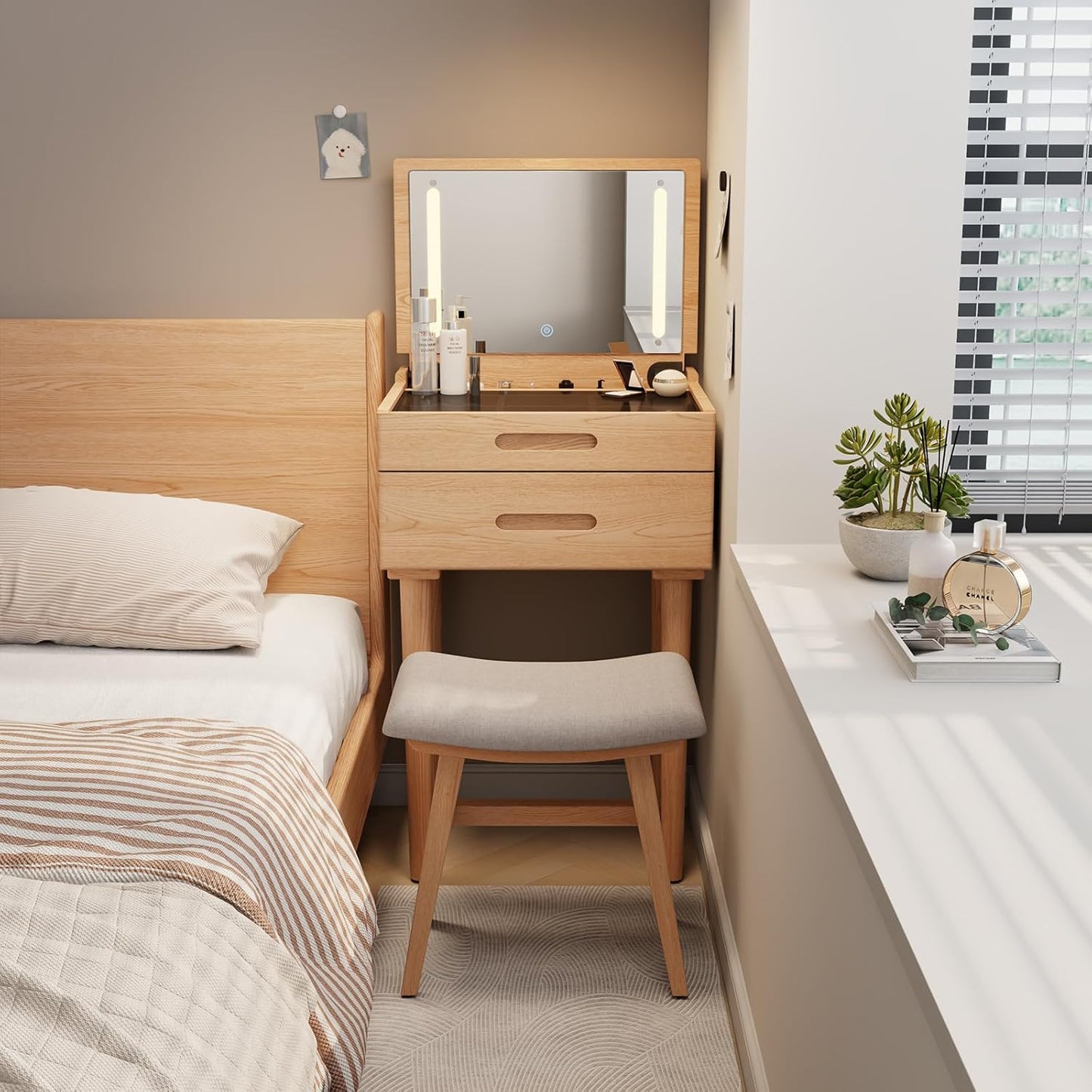 Solid Wood Small Vanity Stool, Compact Makeup Chair with Saddle Cushion, Linen-Covered High Rebound Sponge Seat, Easy Assembly Footstool for Bedroom, Entryway, Home, Natural