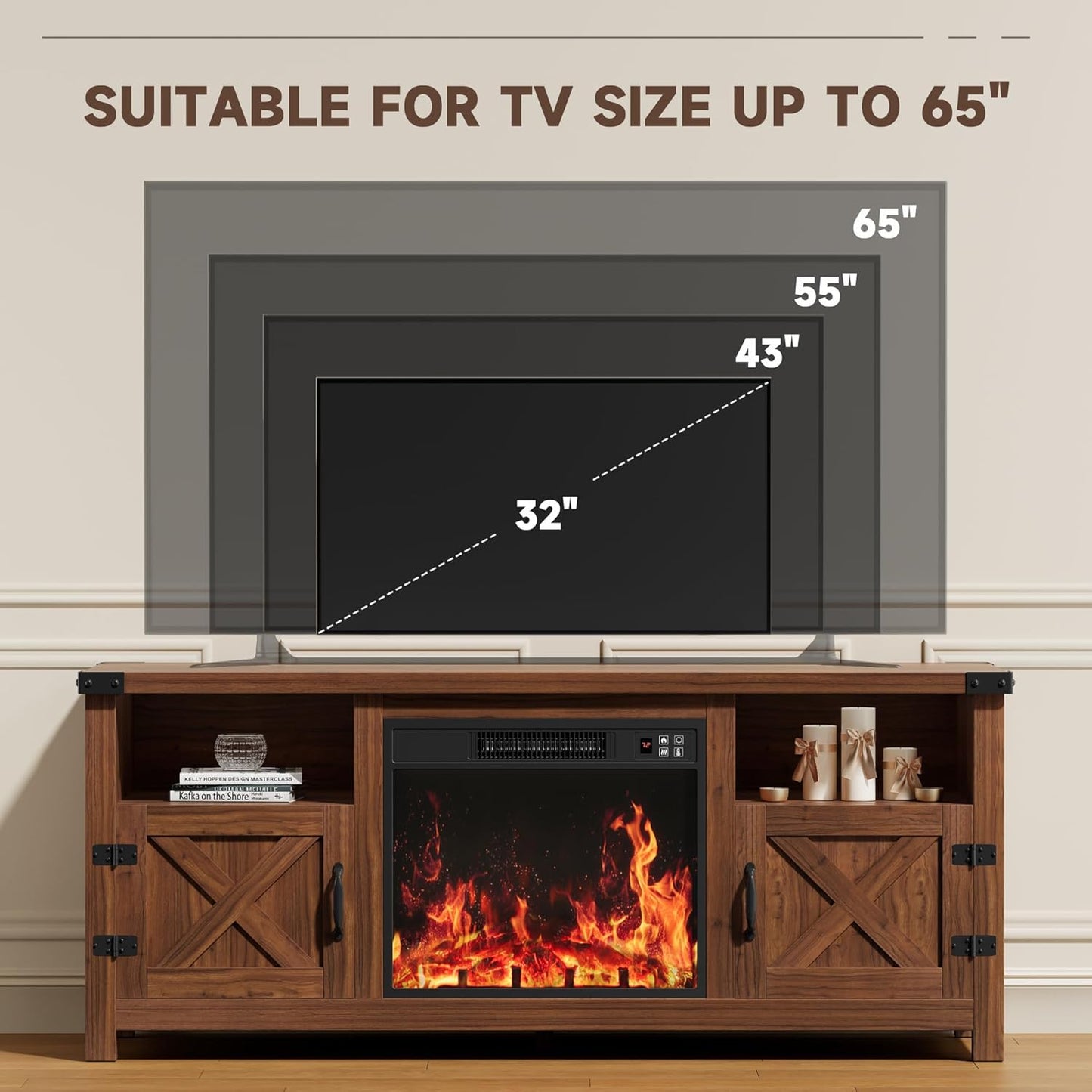 YESHOMY Fireplace TV Stand with Barn Doors and Open Display Shelf, Farmhouse Media Console with Hidden Cable Routing, Entertainment Center for Televisions up to 65+ Inch, Walnut