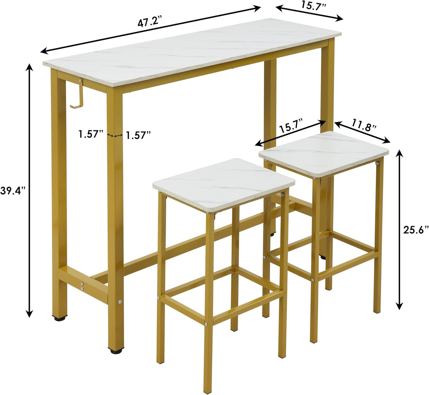 Finnhomy Bar Table Set, 47" Pub Table High Top Table, Rectangular Bar Height Table, Bar Table with Stools, Kitchen Table Set for 2, Industrial Breakfast for Kitchen, Living Room, Gold