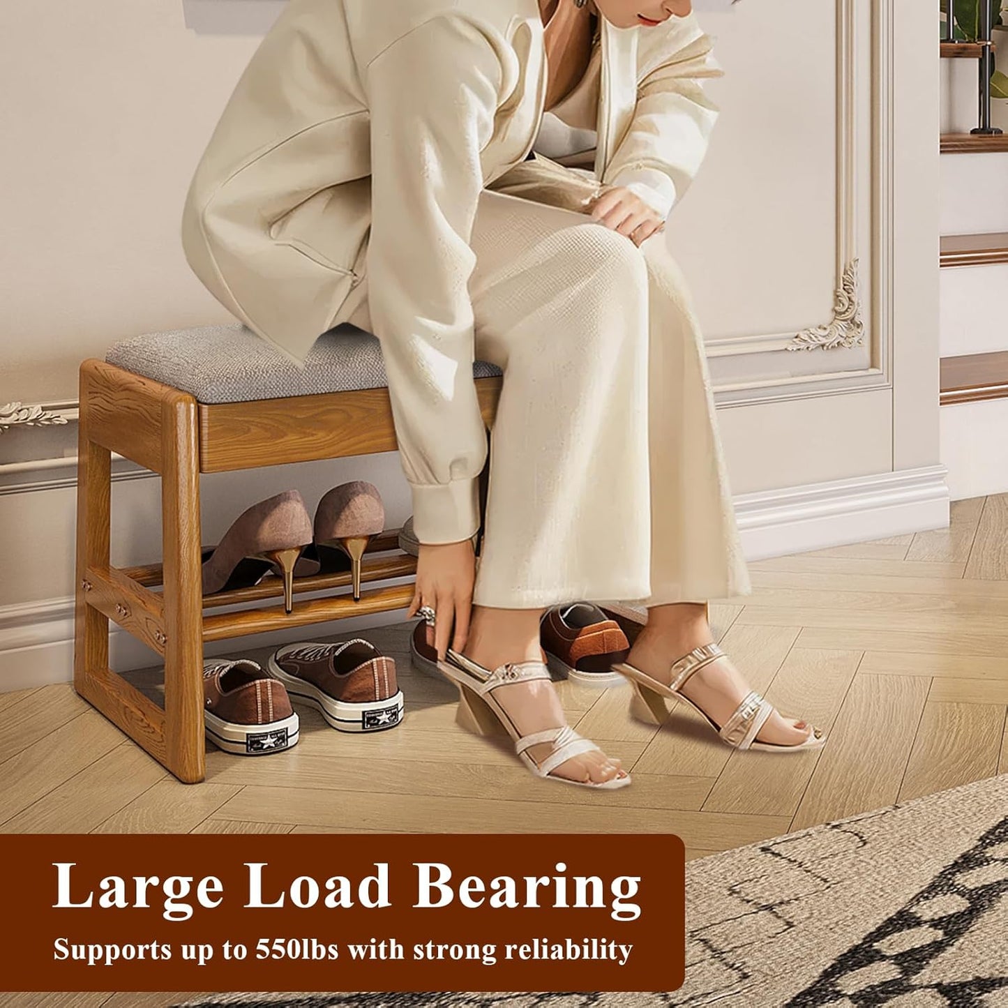 Shoe Rack Bench with Cotton-Linen Cushion 2-Tier Wooden Storage Bench 550lbs Compact Simple & Modern Design for Entryway, Hallway, Bedroom, Living Room, Closet, Front Door Entrance, Foyer