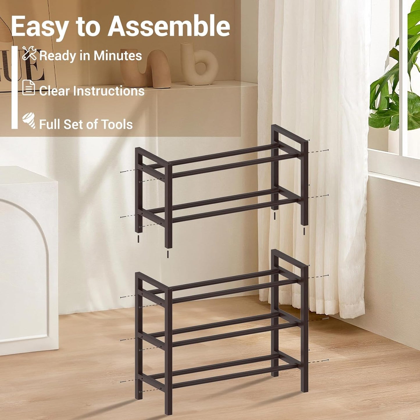 Haddockway Bamboo Shoe Rack for Closet, Free Standing Shoe Organizer with Smooth Round Rods & Convenient Handles, Stackable Shoe Storage Shelf for Entryway, Hallway(Brown, 5-Tier(Small))