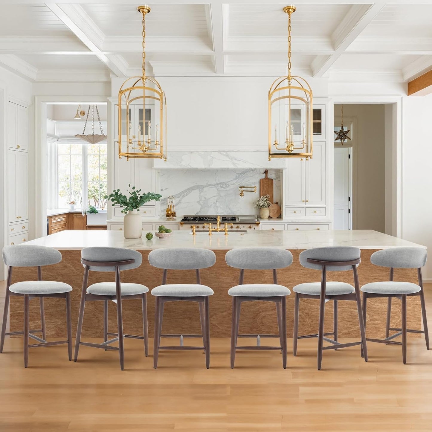 Upholstered Counter Height Bar Stools Set of 6, Kitchen Island Stools with Back, Modern Counter Barstools Bar Chairs with Wood Legs, Light Grey